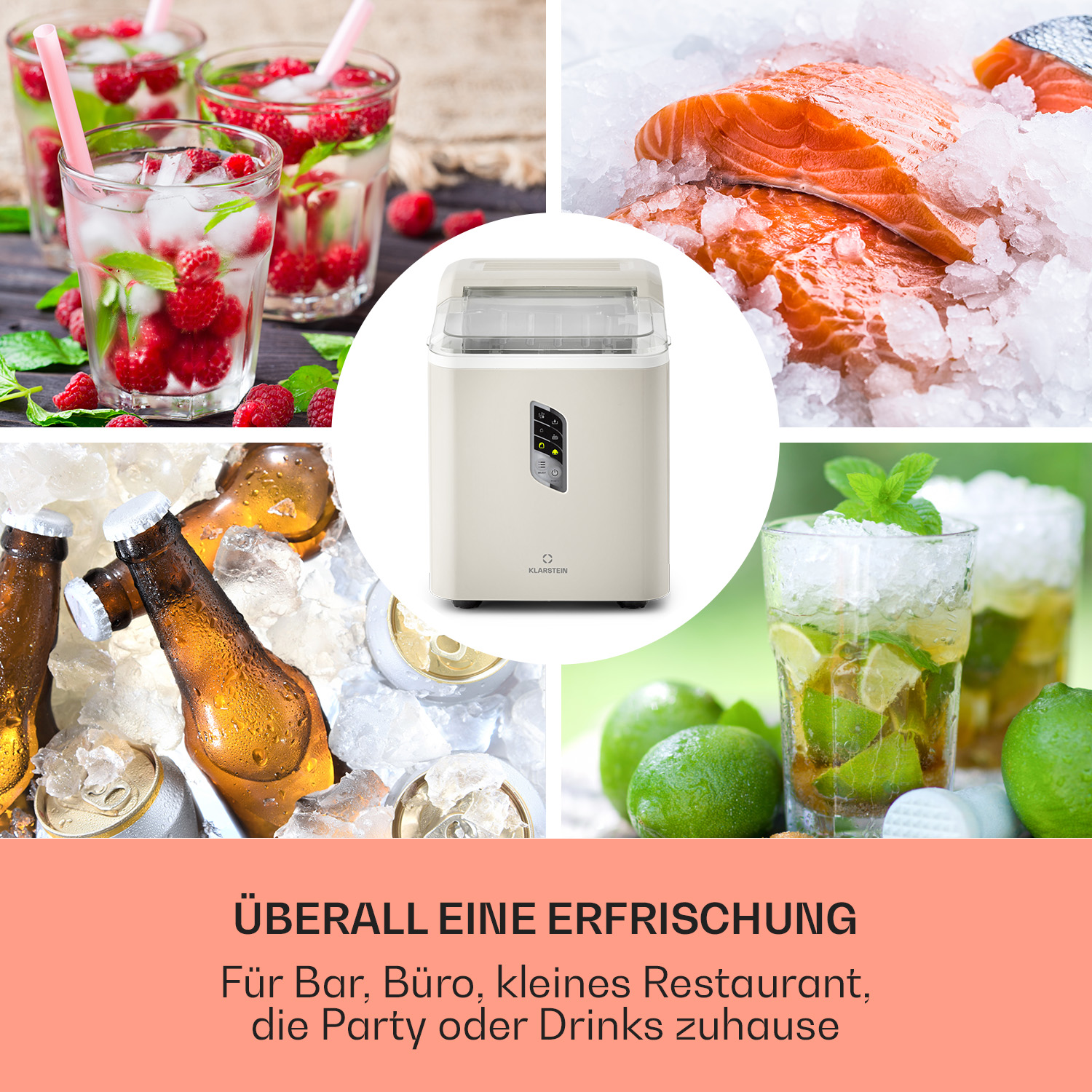 Eisbereiter mit Eis, Getränken, Fisch und Limetten, alles in einer Collage angeordnet.