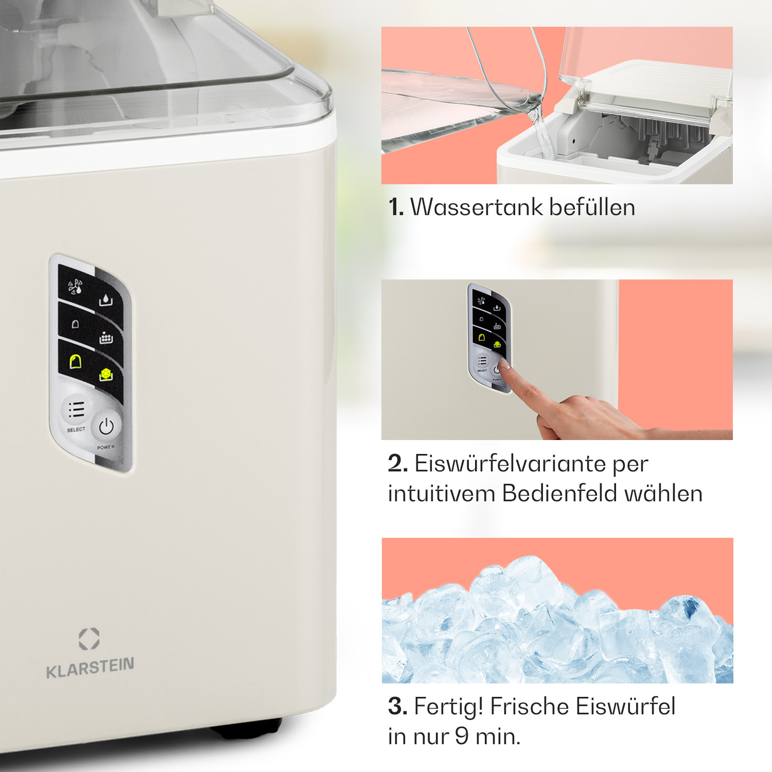 Eisbereiter mit Anweisungen: Wassertank füllen, Eisgröße wählen, Eis in 9 Min.