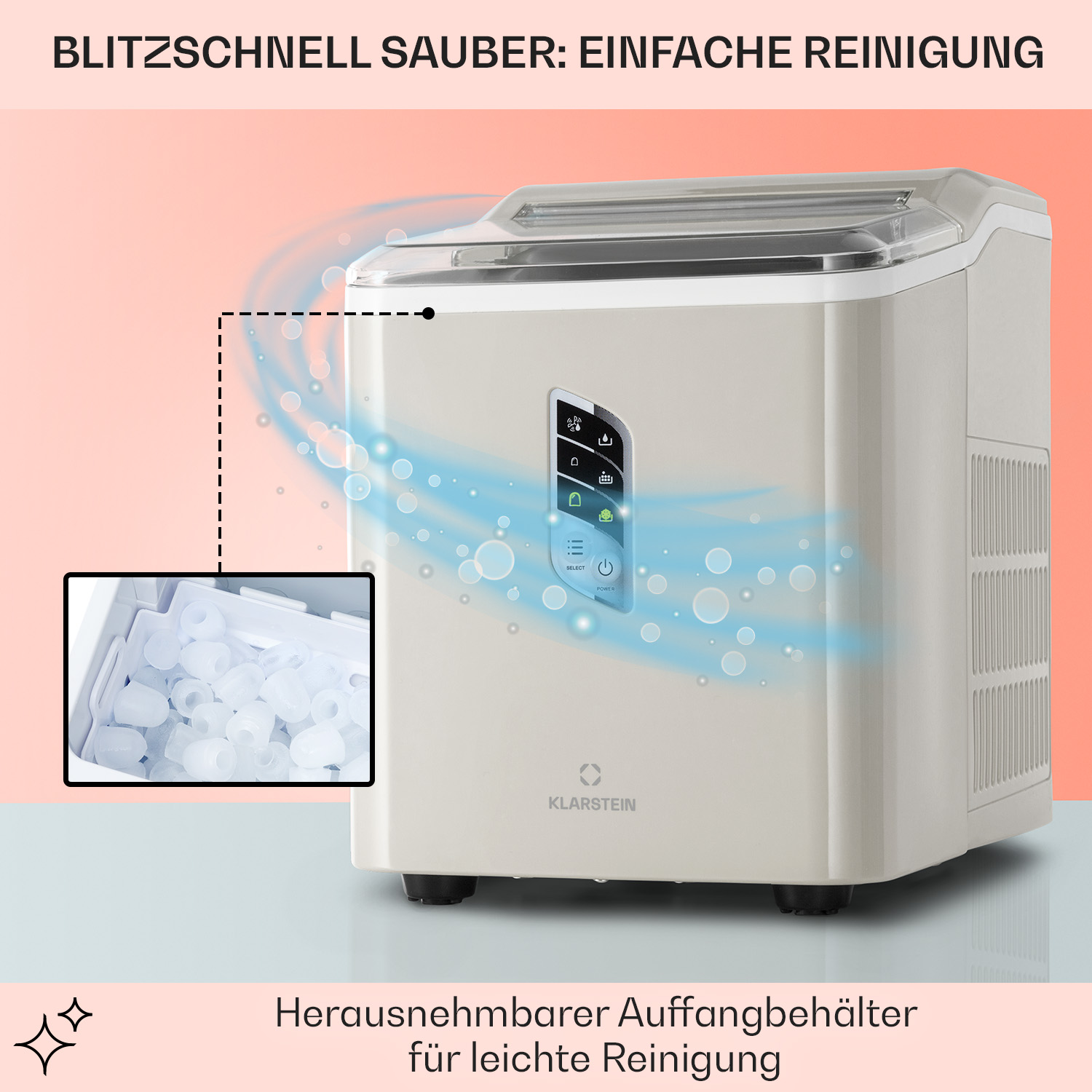 Ein Eisbereiter mit einer Vertiefung, die Eiswürfel zeigt, und einem Bedienfeld mit Lichtern.