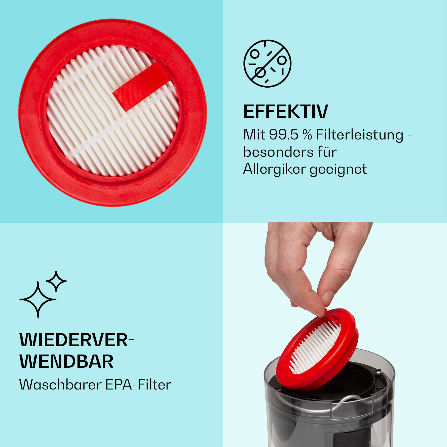 Un filtro rosso e bianco per un aspirapolvere, con testo sulla sua efficacia.