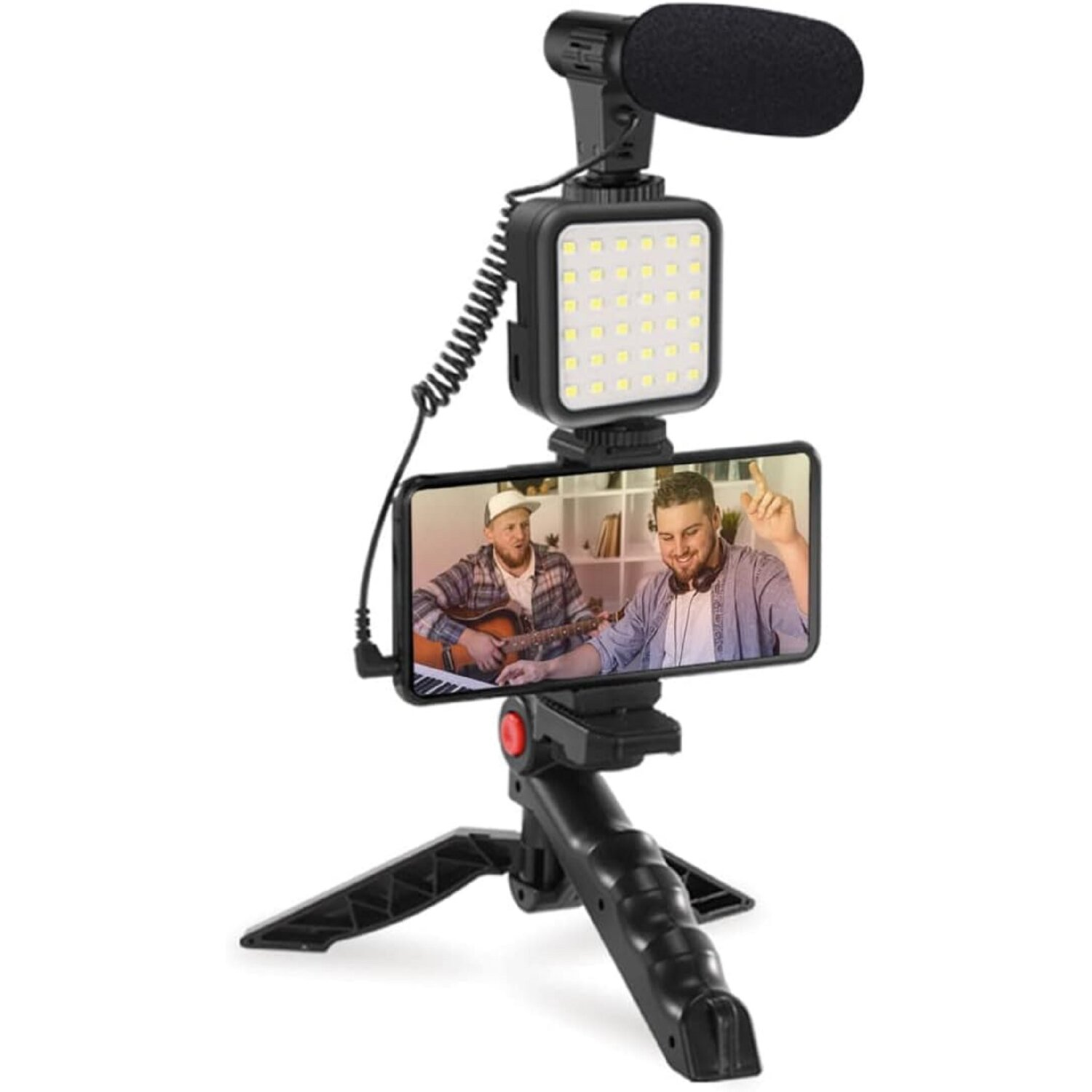 Smartphone su un treppiede con luce e microfono. Due uomini sullo schermo. Bianco e nero.