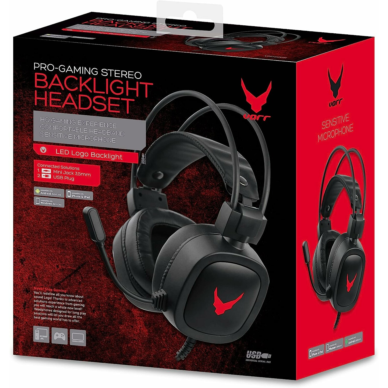 Zwarte en rode headsetdoos. Toont een headset illustratie. Tekst en productinformatie.