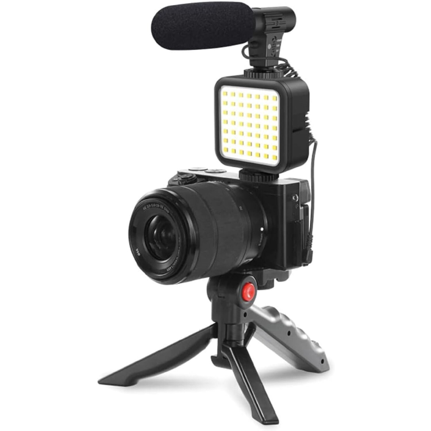 Fotocamera montata su treppiede, con microfono e una piccola luce. Colori nero e argento.