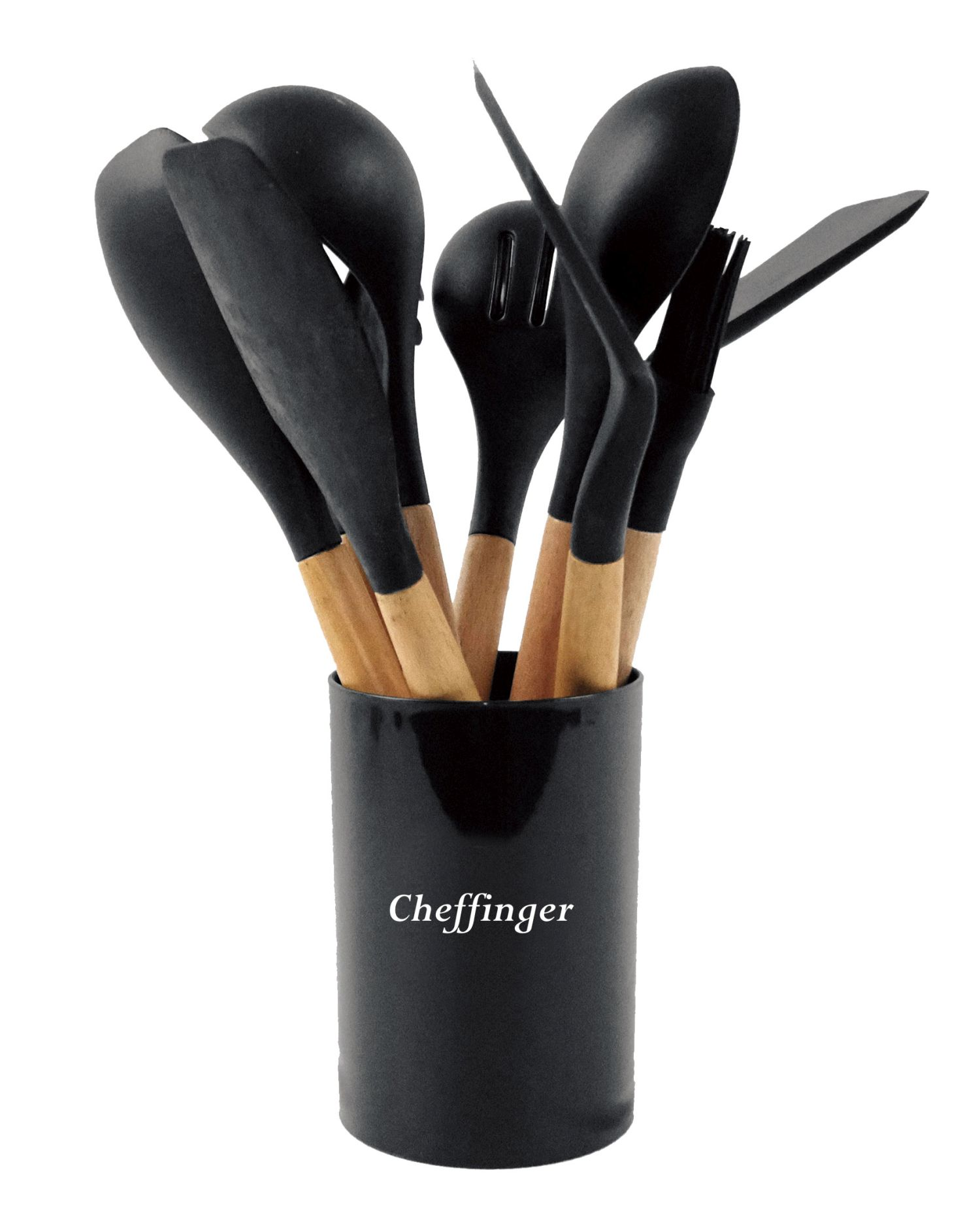 Schwarze Küchenutensilien in einem schwarzen Halter. Es gibt Holzgriffe und ein Cheffinger-Etikett.