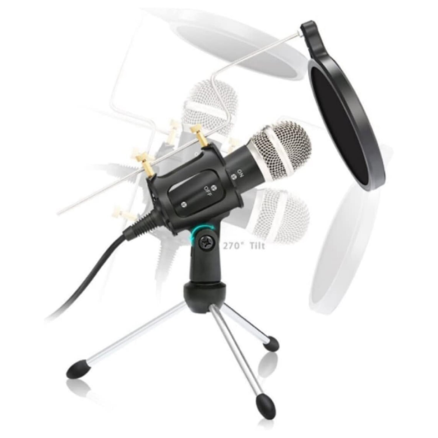 Mikrofon auf einem Stativ mit Pop-Filter, vor verschwommenem Hintergrund.