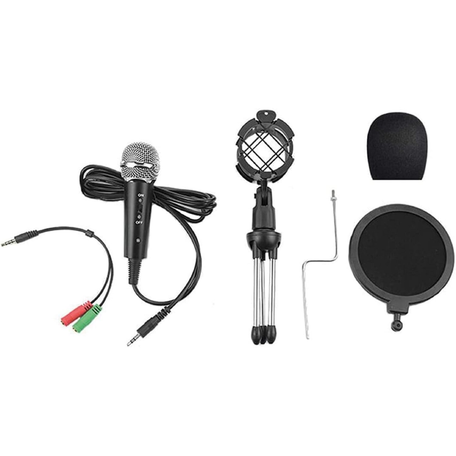 Ein Mikrofon mit Zubehör: ein Ständer, ein Pop-Filter und zwei Audiokabel.