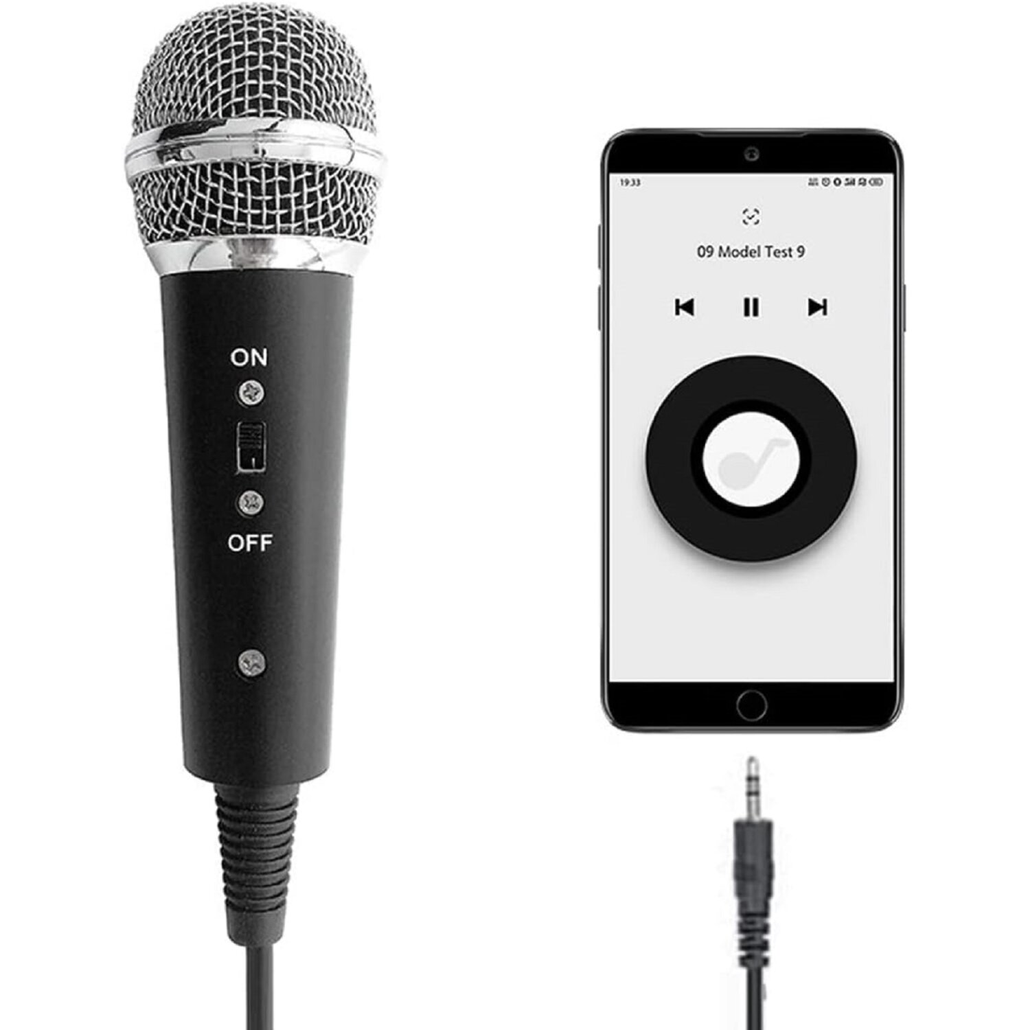 Schwarzes Mikrofon mit Telefon. Das Telefon zeigt eine Musik-App-Oberfläche. Ein Kabel ist befestigt.
