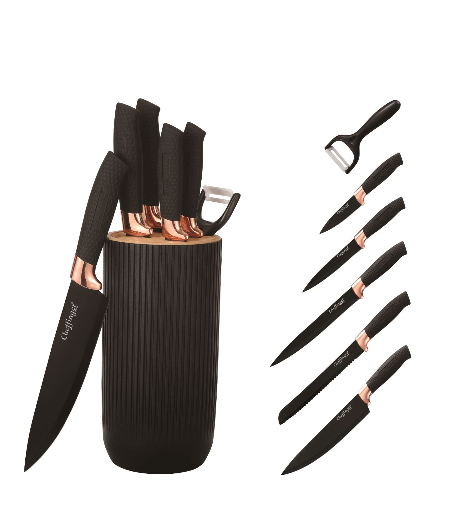 Satz schwarzer Küchenmesser in einem Halter, mit zusätzlichen Messern und einem Schäler.
