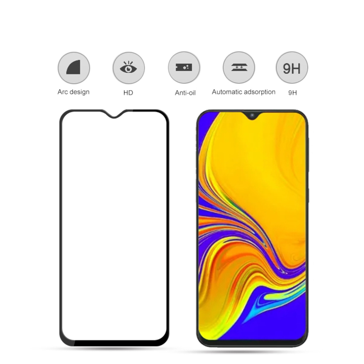 Schermo del telefono e protezione schermo con icone. Il telefono mostra colori giallo e blu. Sfondo bianco.