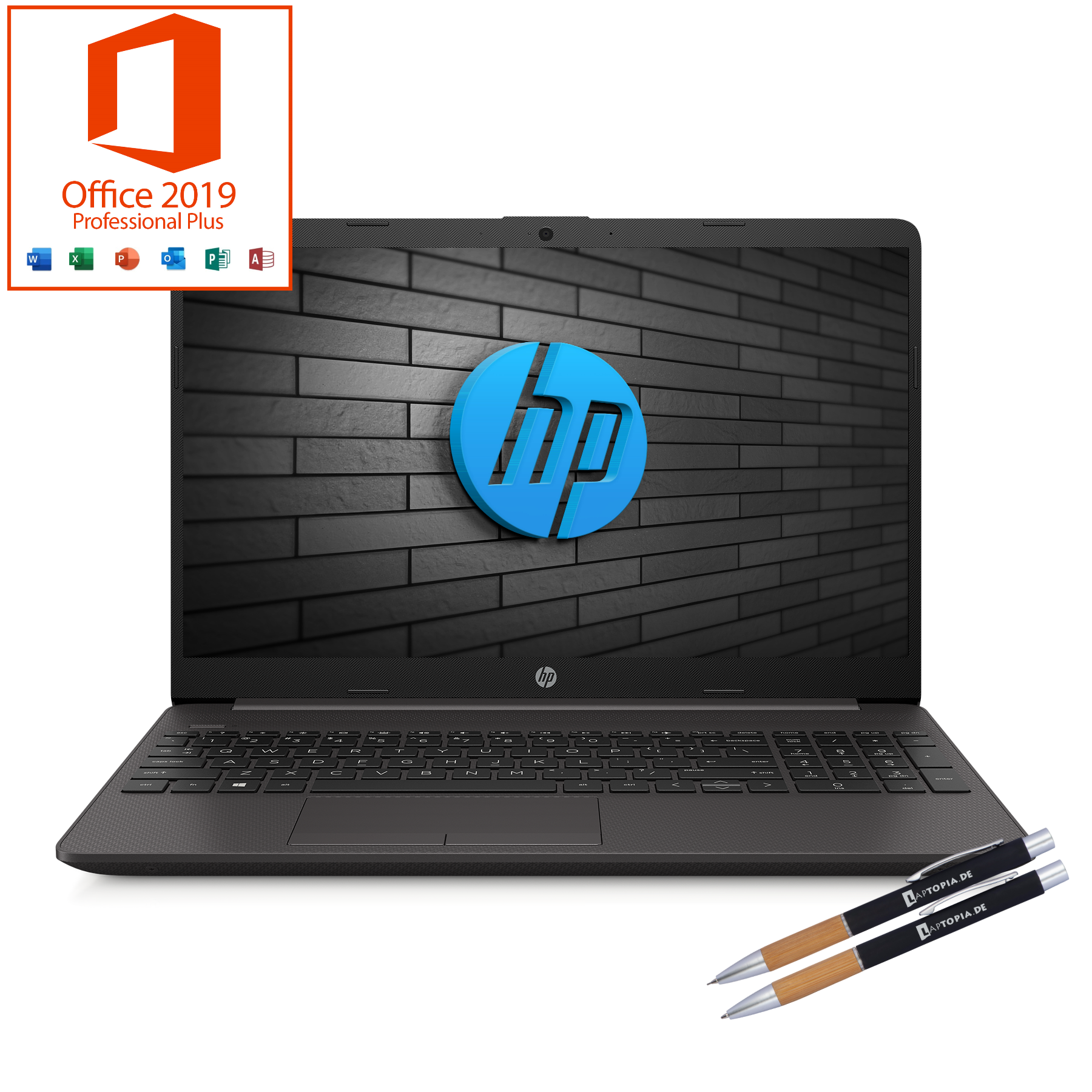 HP-Laptop auf einem Schreibtisch, mit dem Office 2019-Logo. Zwei Stifte mit Website auf dem Tisch.