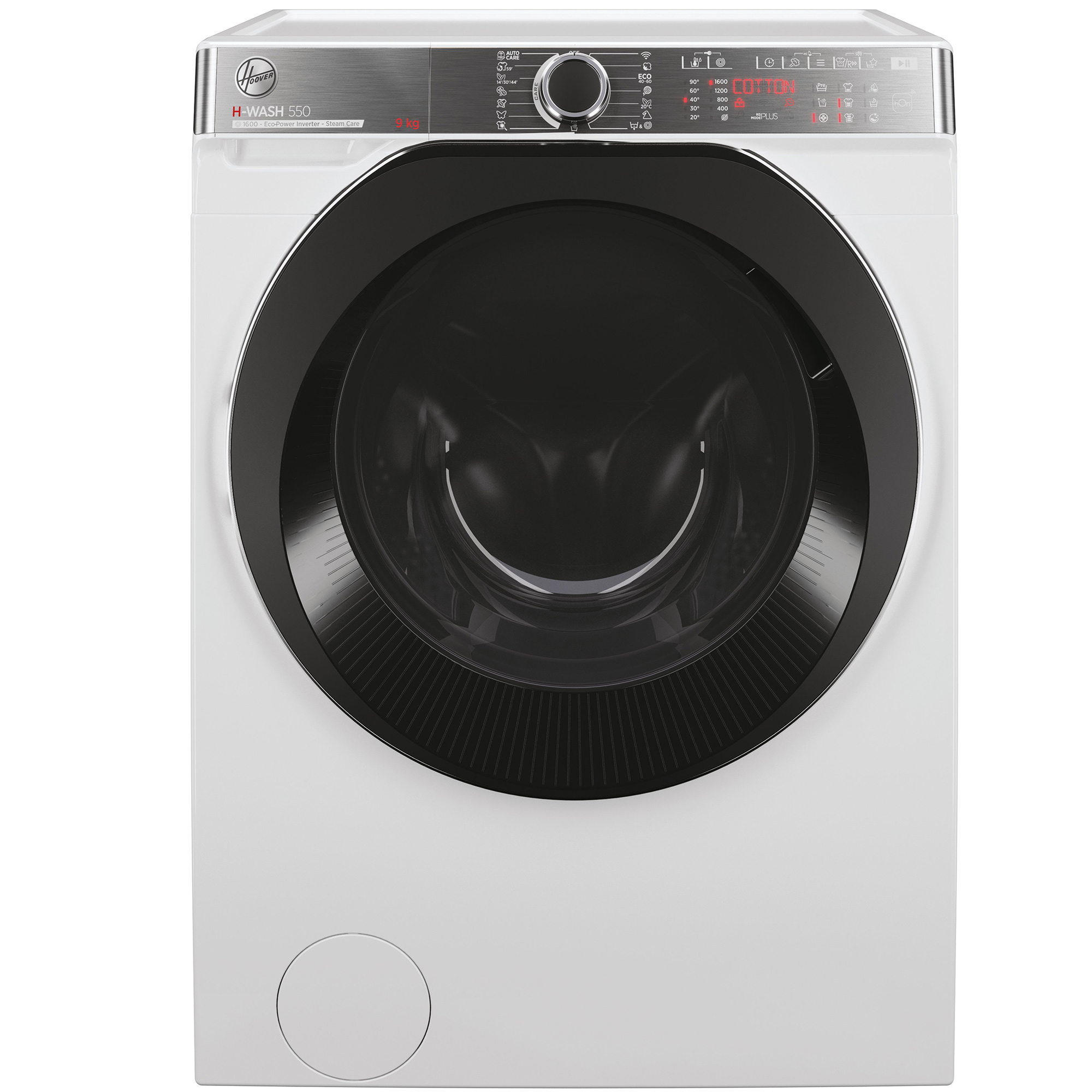 Weiße Waschmaschine mit schwarzer Tür und Bedienfeld. Marke Hoover und 