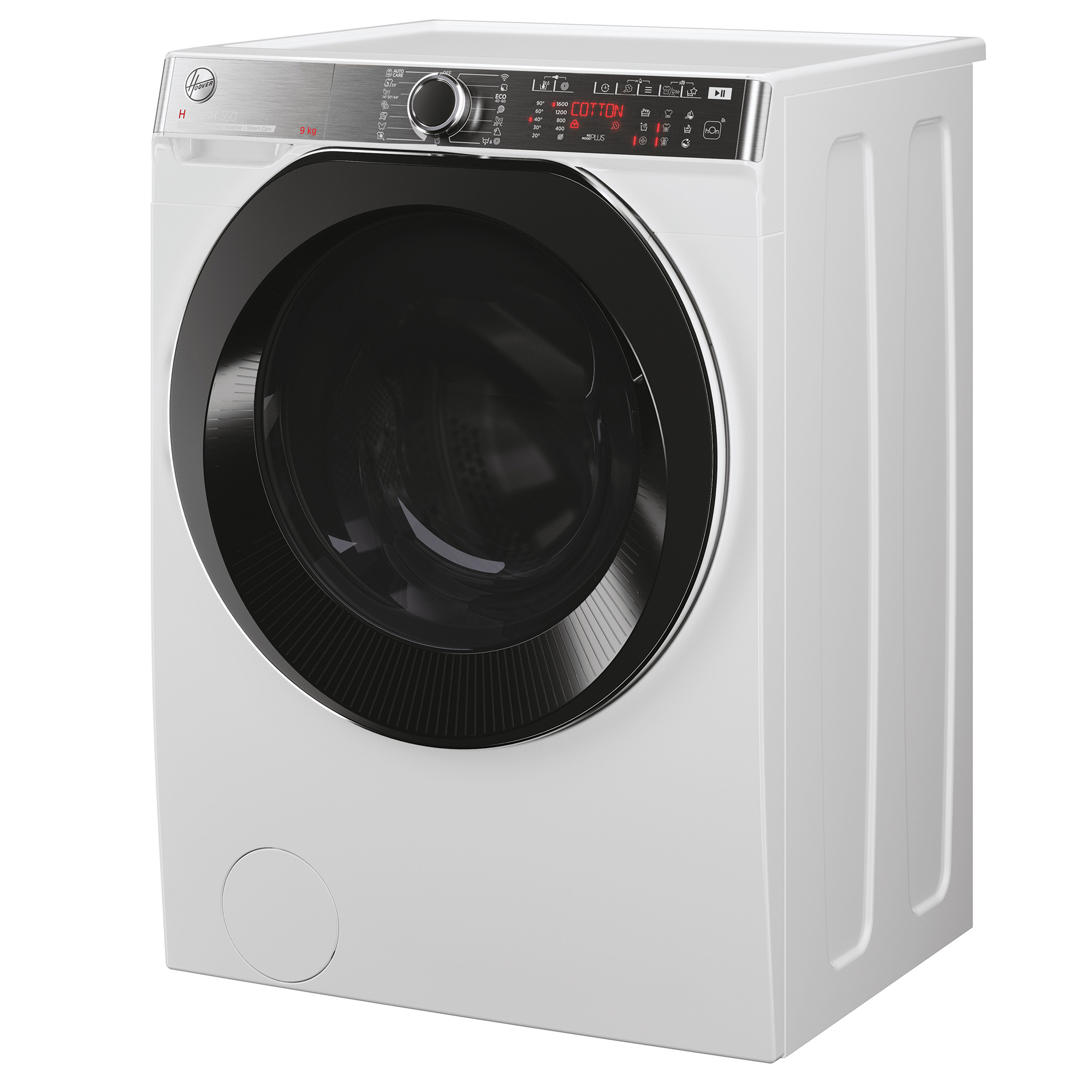 Weiße Waschmaschine mit schwarzer Tür und Bedienfeld. Weißer Hintergrund.