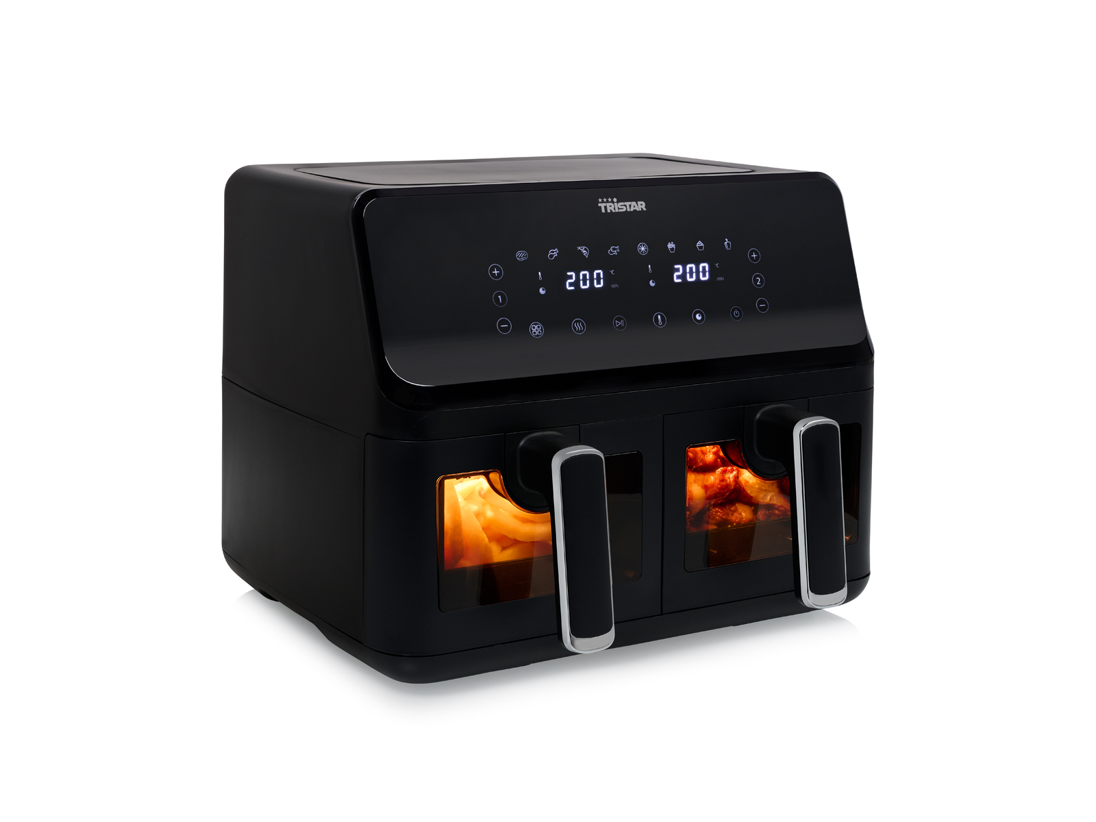 Czarna frytkownica beztłuszczowa z dwoma koszami. Wyświetlacz pokazuje ustawienia temperatury.