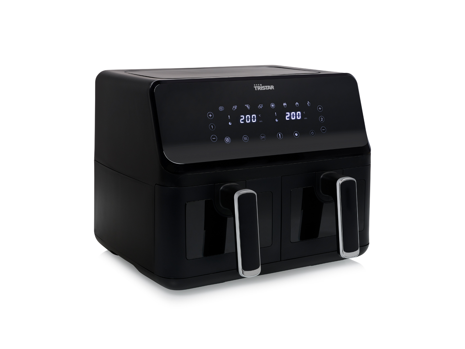 Czarna frytkownica beztłuszczowa Tristar. Dwie komory z uchwytami. Wyświetlacz cyfrowy pokazuje ustawienia.