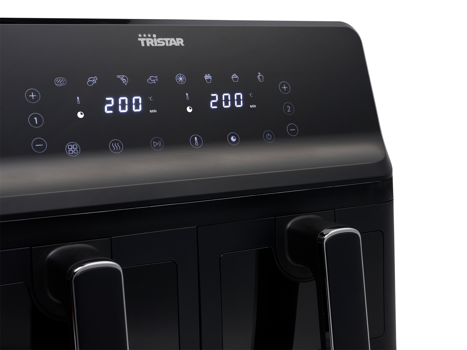 Czarny panel sterowania frytkownicy Tristar z liczbami i symbolami.