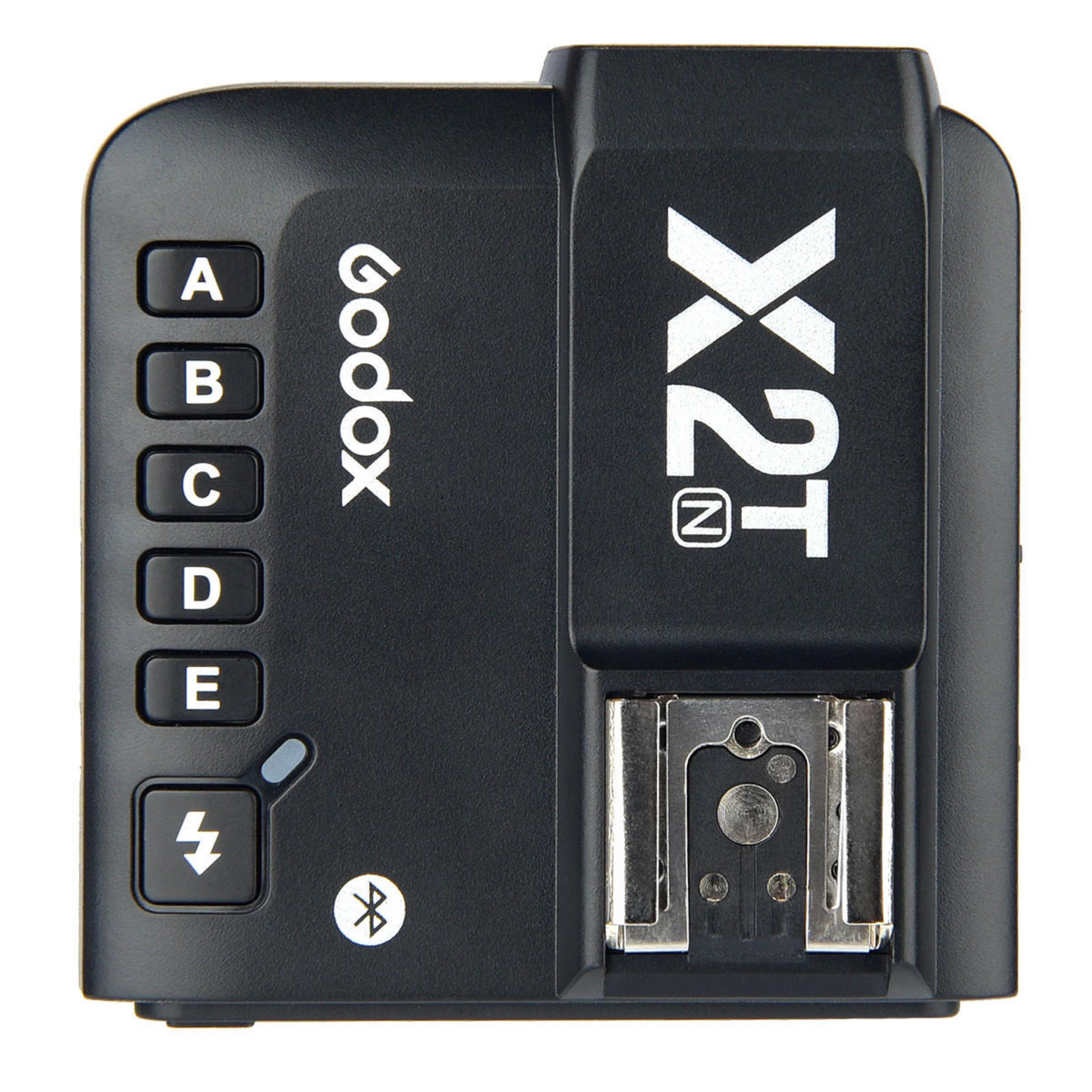 Schwarzer Godox X2T Blitzauslöser mit Knöpfen, Display und Bluetooth-Symbol.