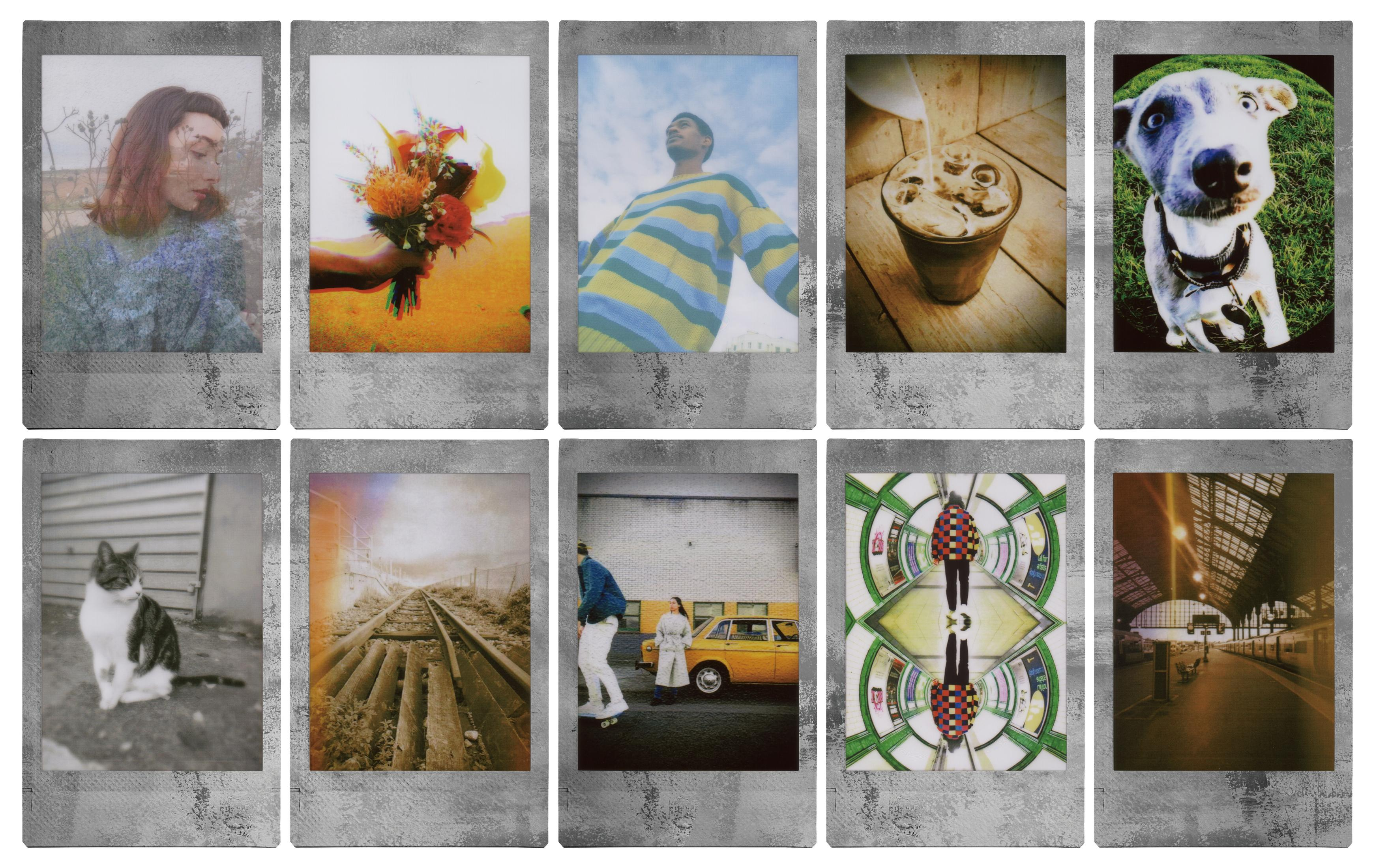 Una colección de diez fotos polaroid. Cada una muestra diferentes escenas: personas, objetos y paisajes.