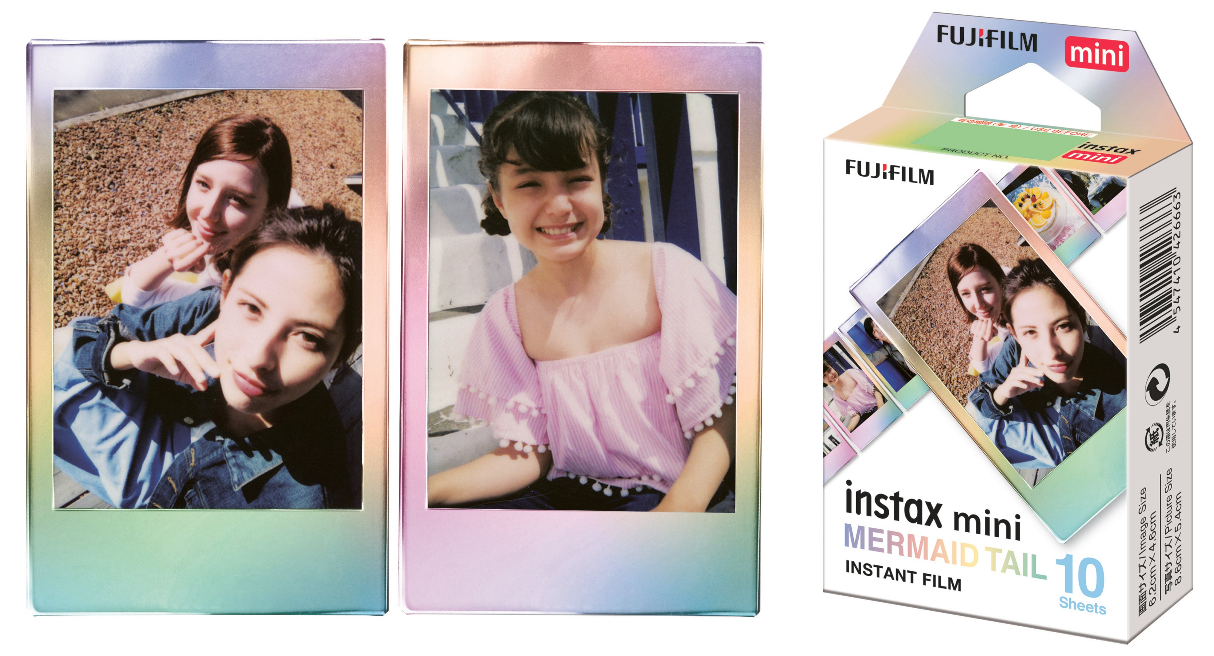 Dos fotos instantáneas con mujeres, una caja de película de fotos instantáneas.