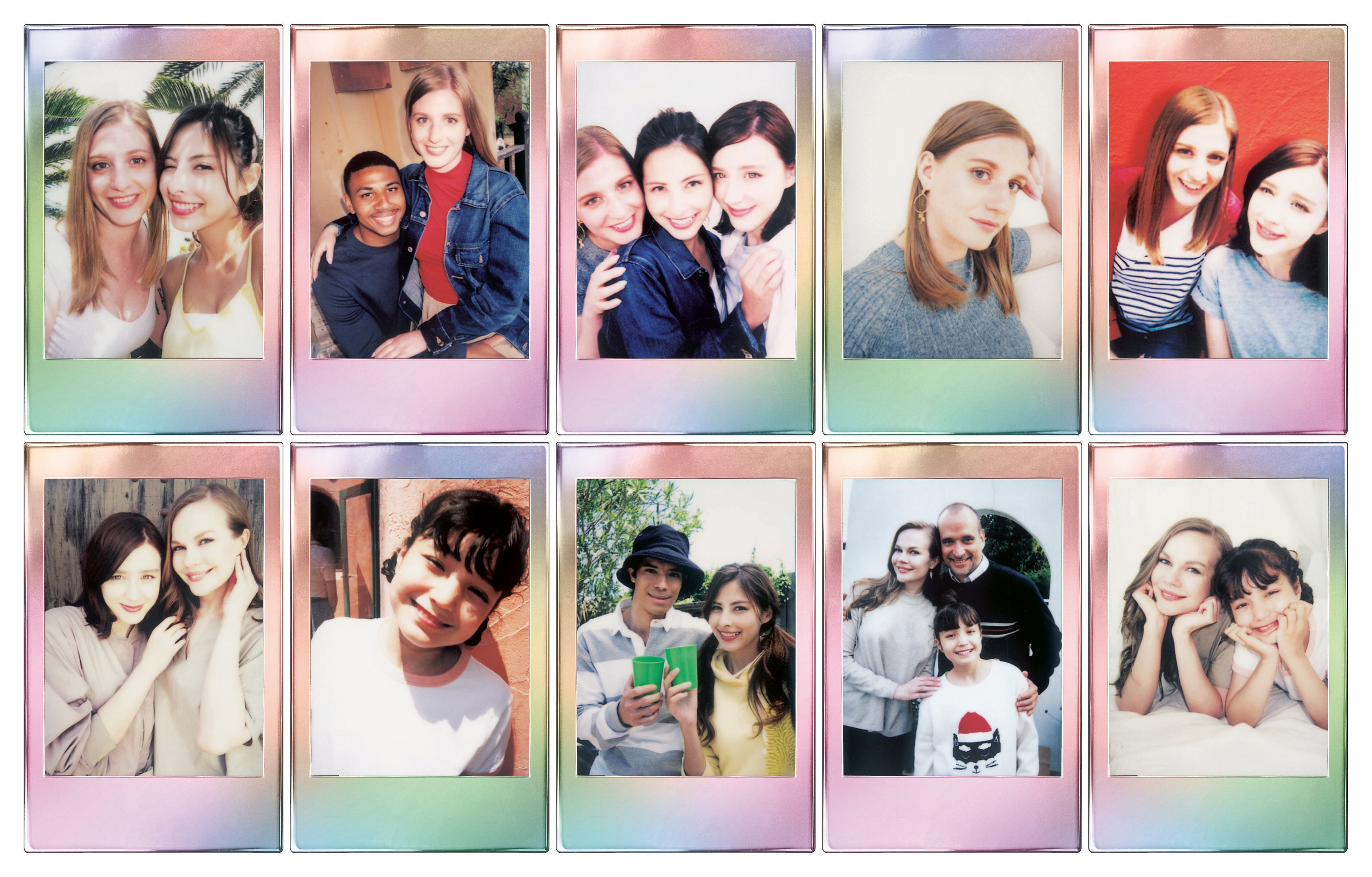 Diez fotos instantáneas, cada una con grupos de personas sonriendo y posando.