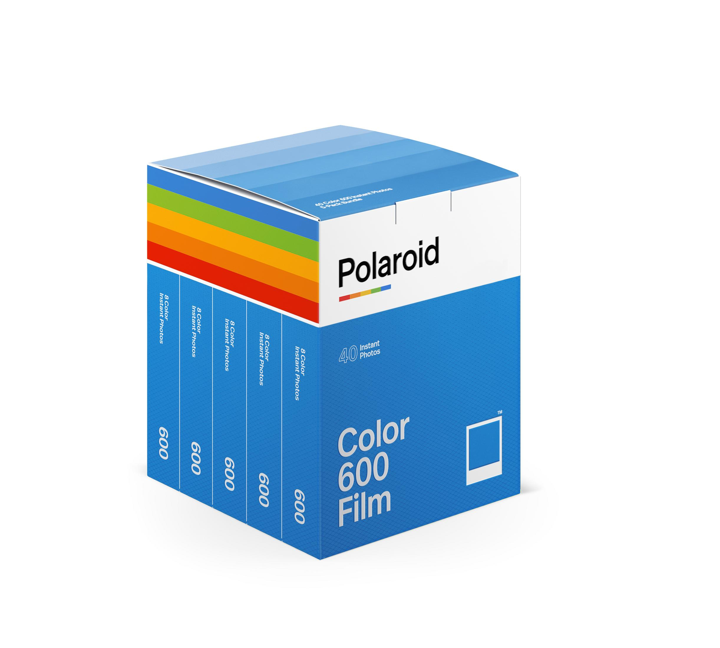 Pudełko filmu Polaroid Color 600 z kolorowymi paskami.