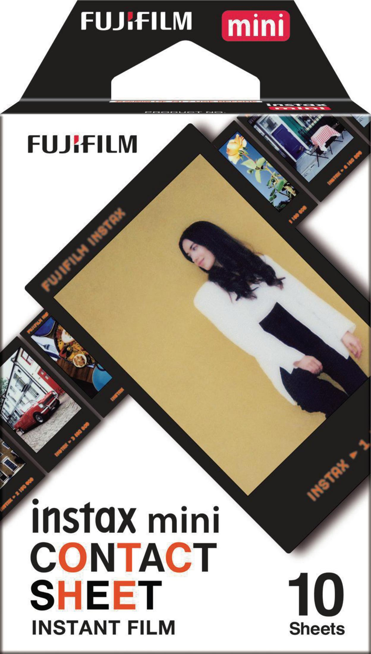 Schachtel mit Fujifilm Instax Mini Contact Sheet Sofortbildfilm mit Beispielbildern.