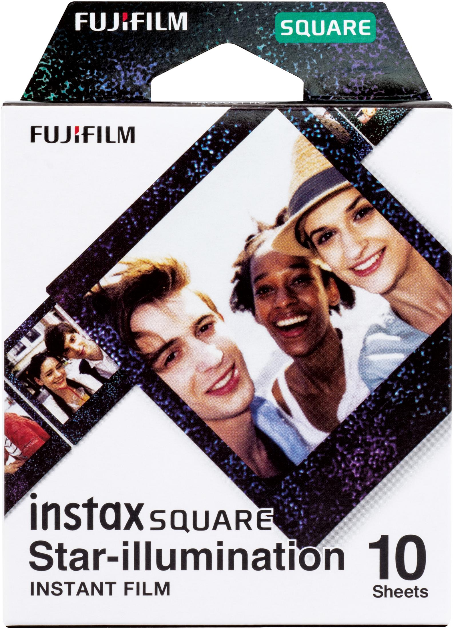 Filmverpackung mit lächelnden Gesichtern, 'instax SQUARE' und 'Star-illumination'.