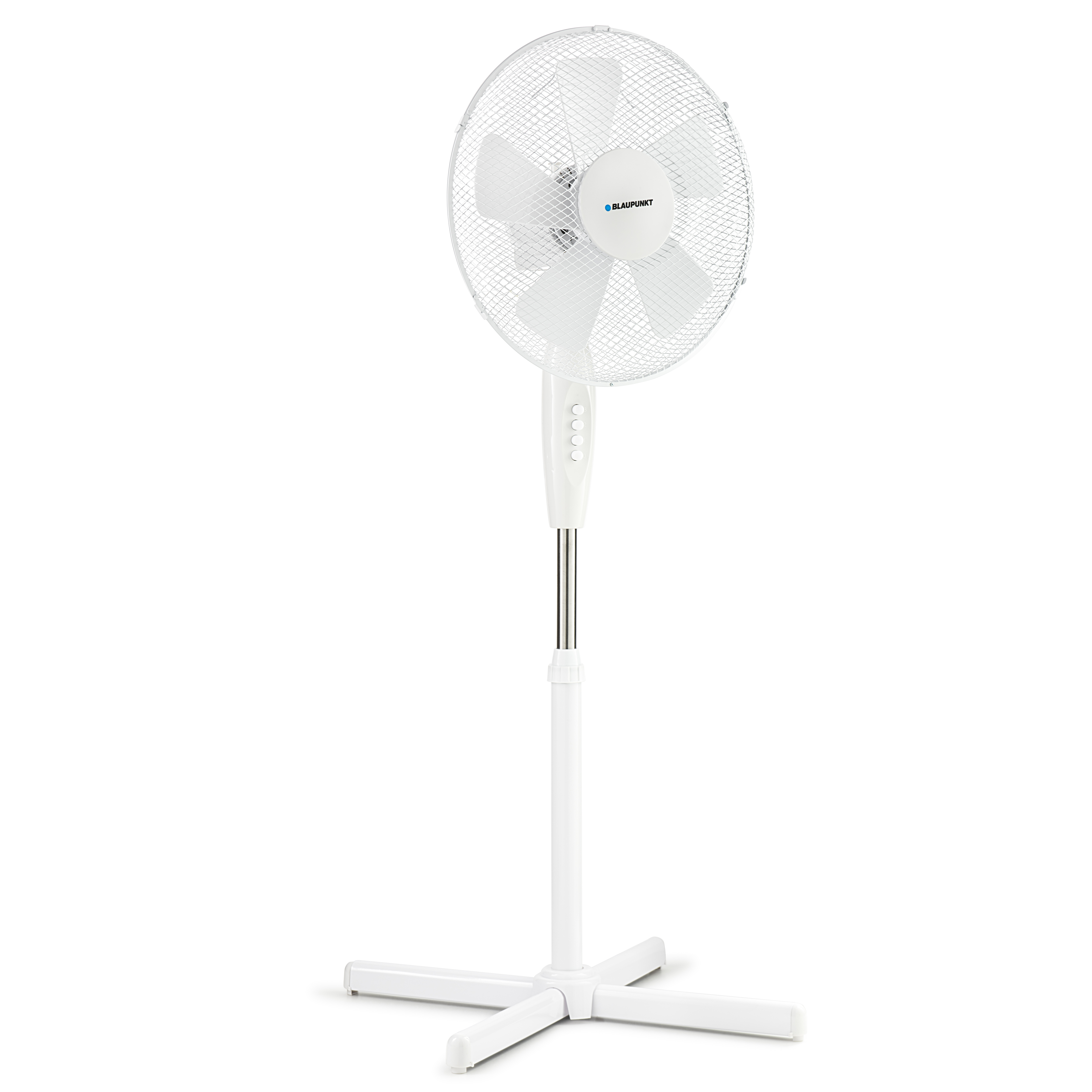 Un ventilador de pie blanco con base en forma de cruz sobre un fondo blanco.