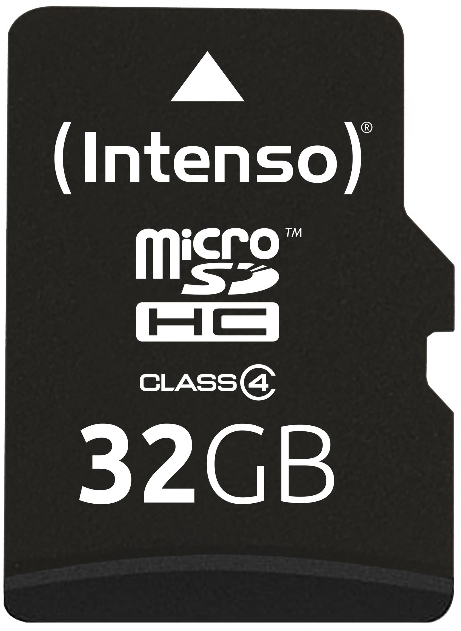Eine schwarze Micro SDHC-Speicherkarte mit Intenso-Logo, Klasse 4 und 32GB Kapazität.
