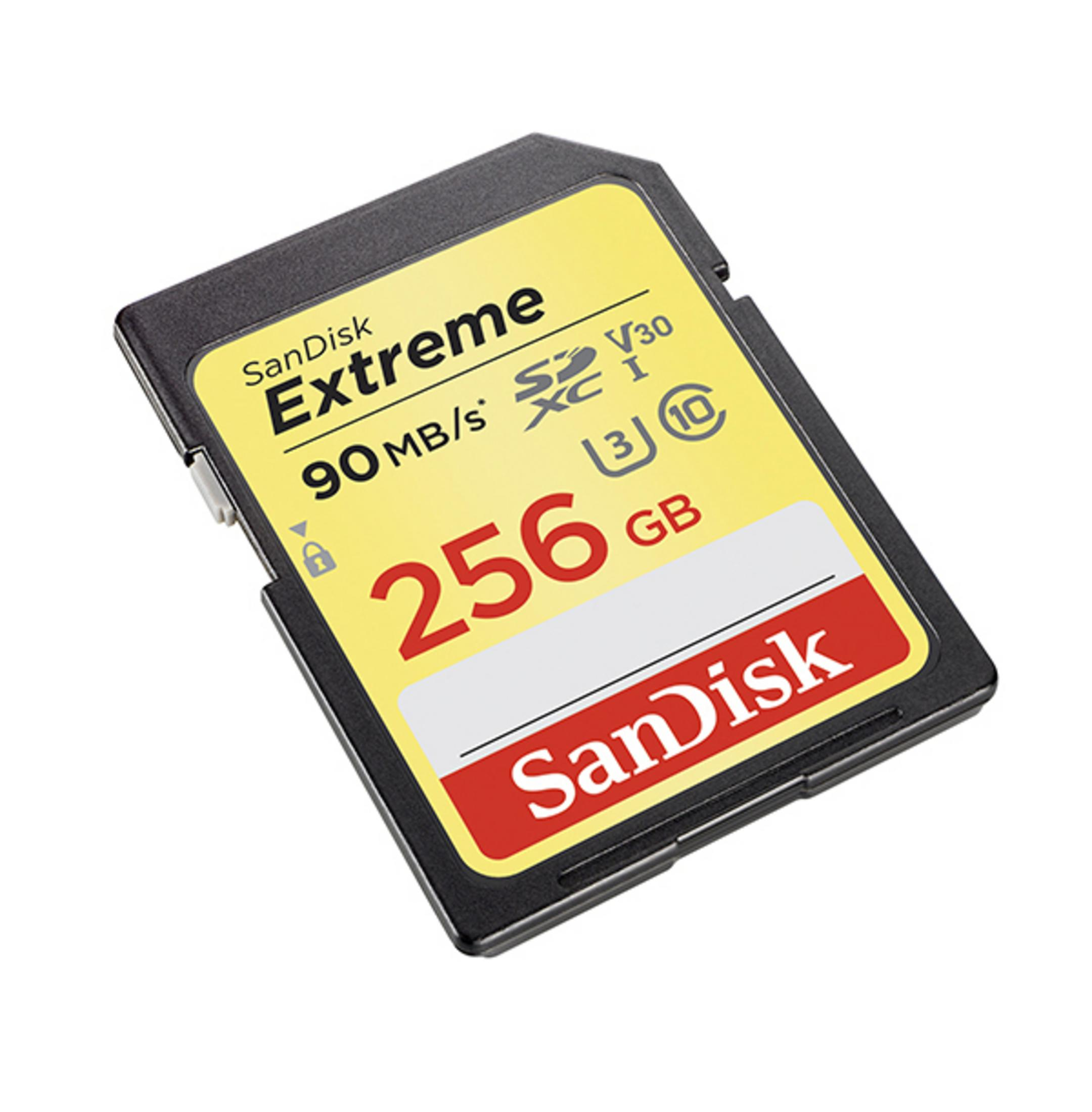 Eine Sandisk Extreme SD-Karte mit Text: 256 GB, 90MB/s und Sandisk-Logo.