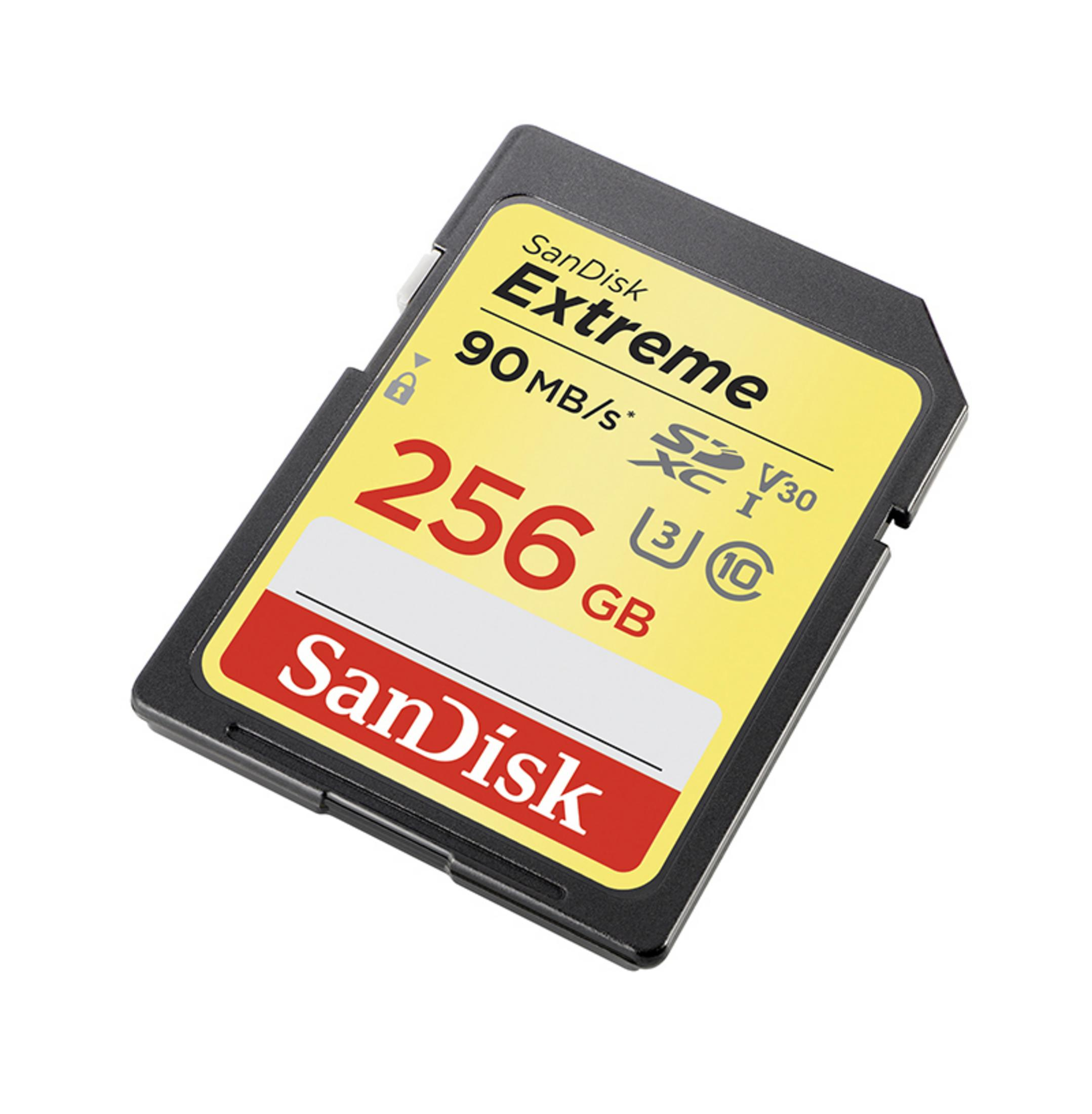 Eine gelb-schwarze Sandisk Extreme 256 GB SD-Karte mit rotem Sandisk-Logo.