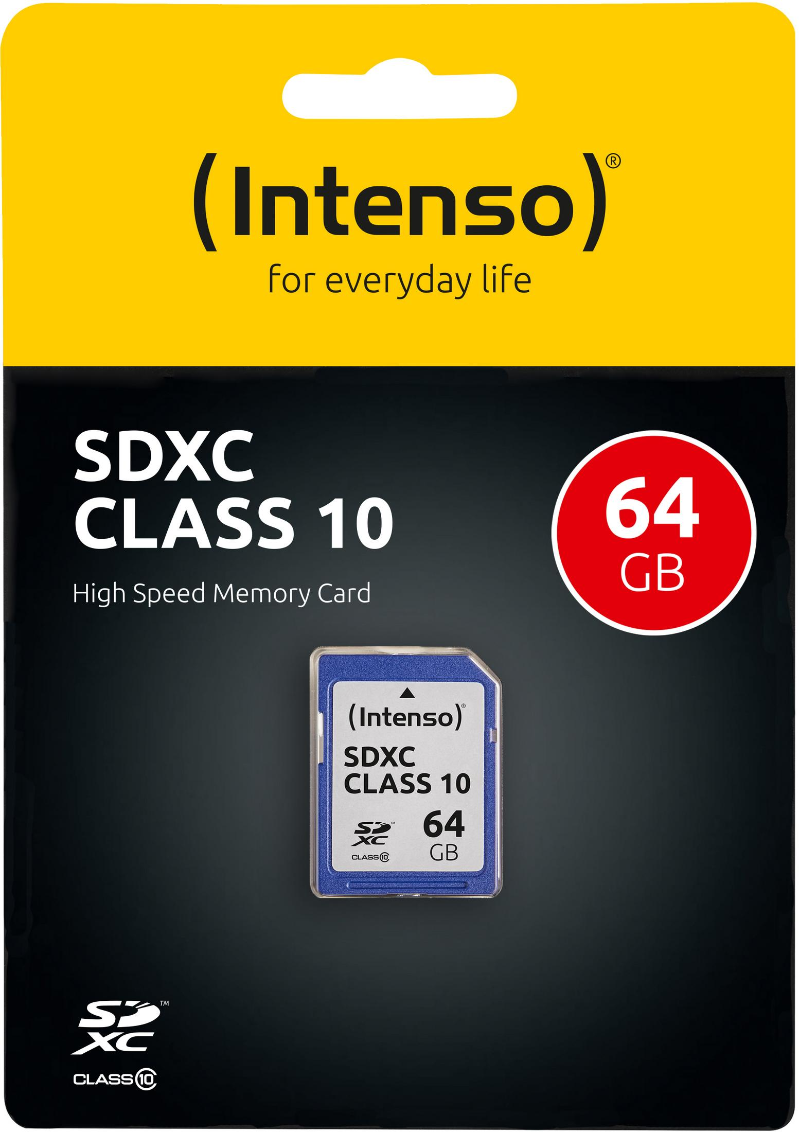 SDXC Class 10 Speicherkarte in Verpackung. Gelb-schwarze Verpackung. 64 GB Kapazität.