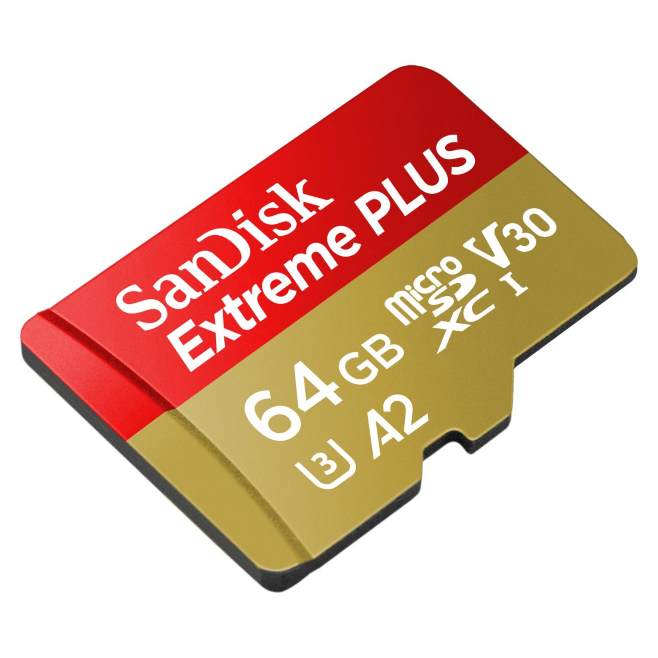 Sandisk Extreme PLUS 64GB microSD-Karte, rot und gold, mit weißem Text.