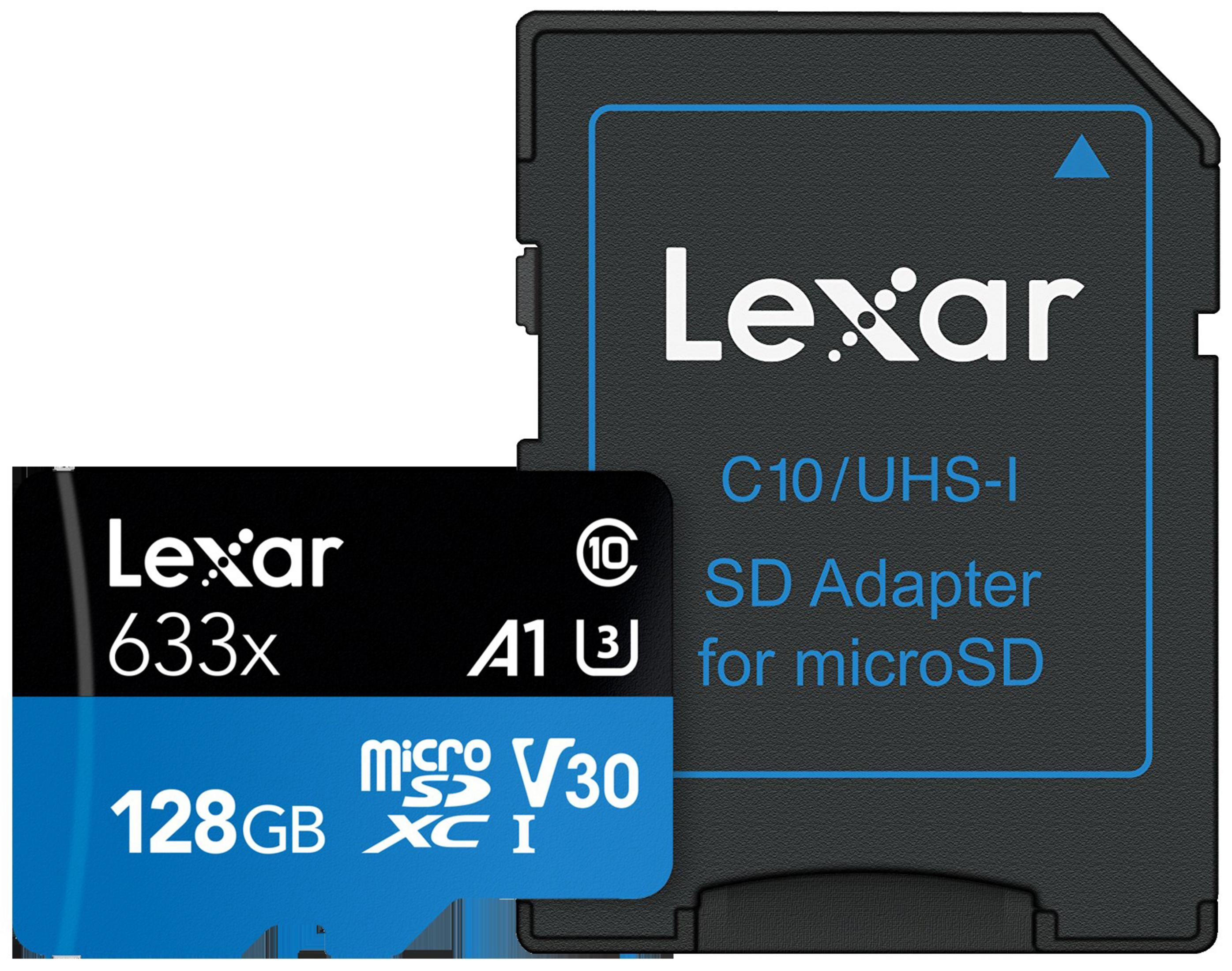 Lexar SD kartı ve adaptörü. Siyah ve mavi renk düzeni. Metin: 128GB, microSD, SD adaptörü.
