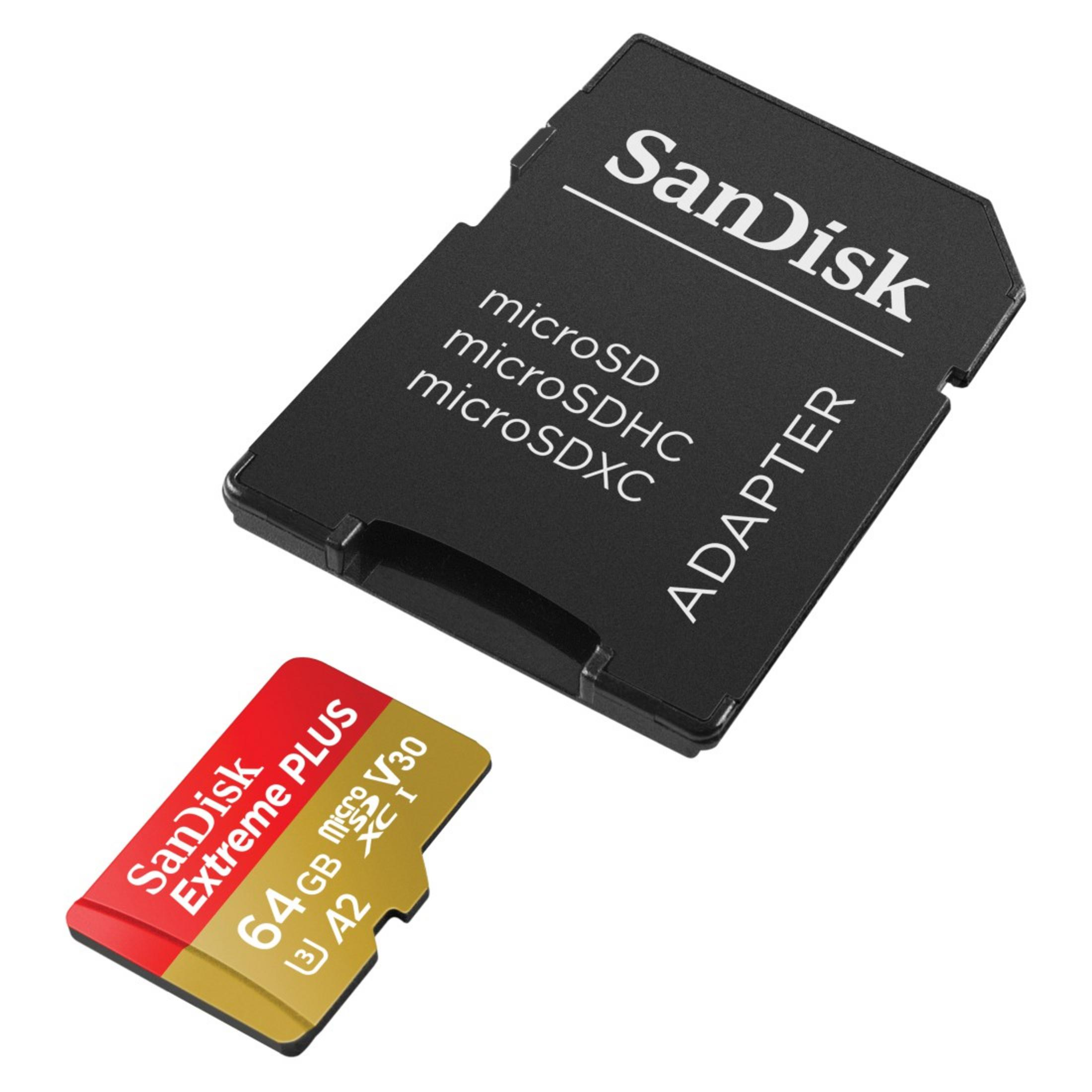 Schwarze Sandisk microSD-Karte und Adapter, eine rot-goldene Sandisk Extreme Plus 64GB microSD.