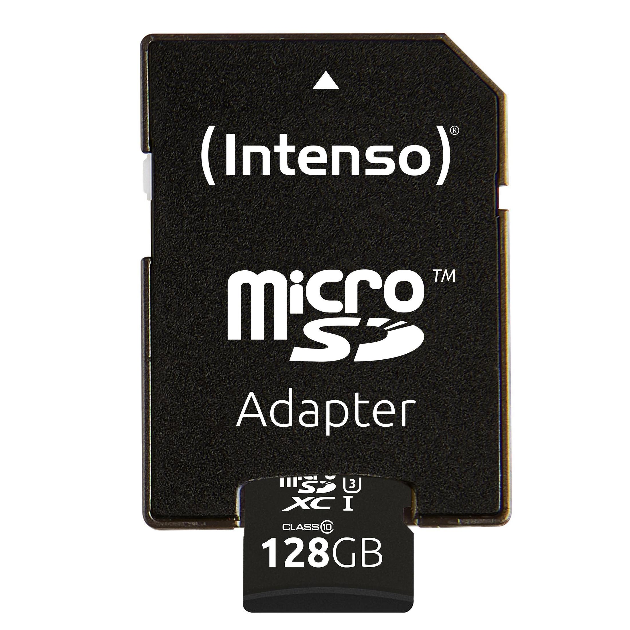 Schwarzer Micro SD-Adapter von Intenso. Eine Micro SD-Karte ist eingesetzt und 128GB steht darauf.