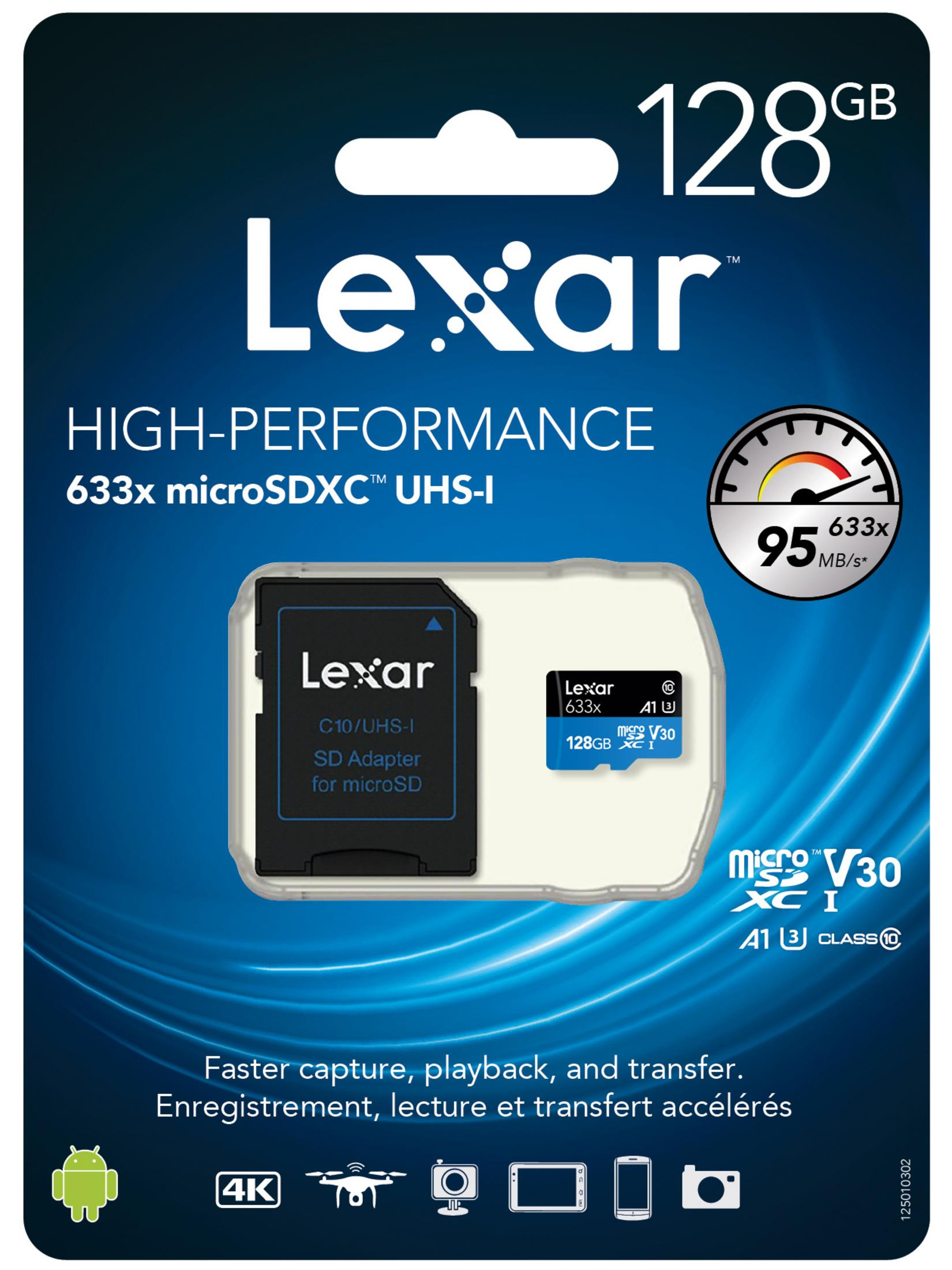 Siyah beyaz tasarımlı SD kart ve 'Lexar' ve '128GB' metni.