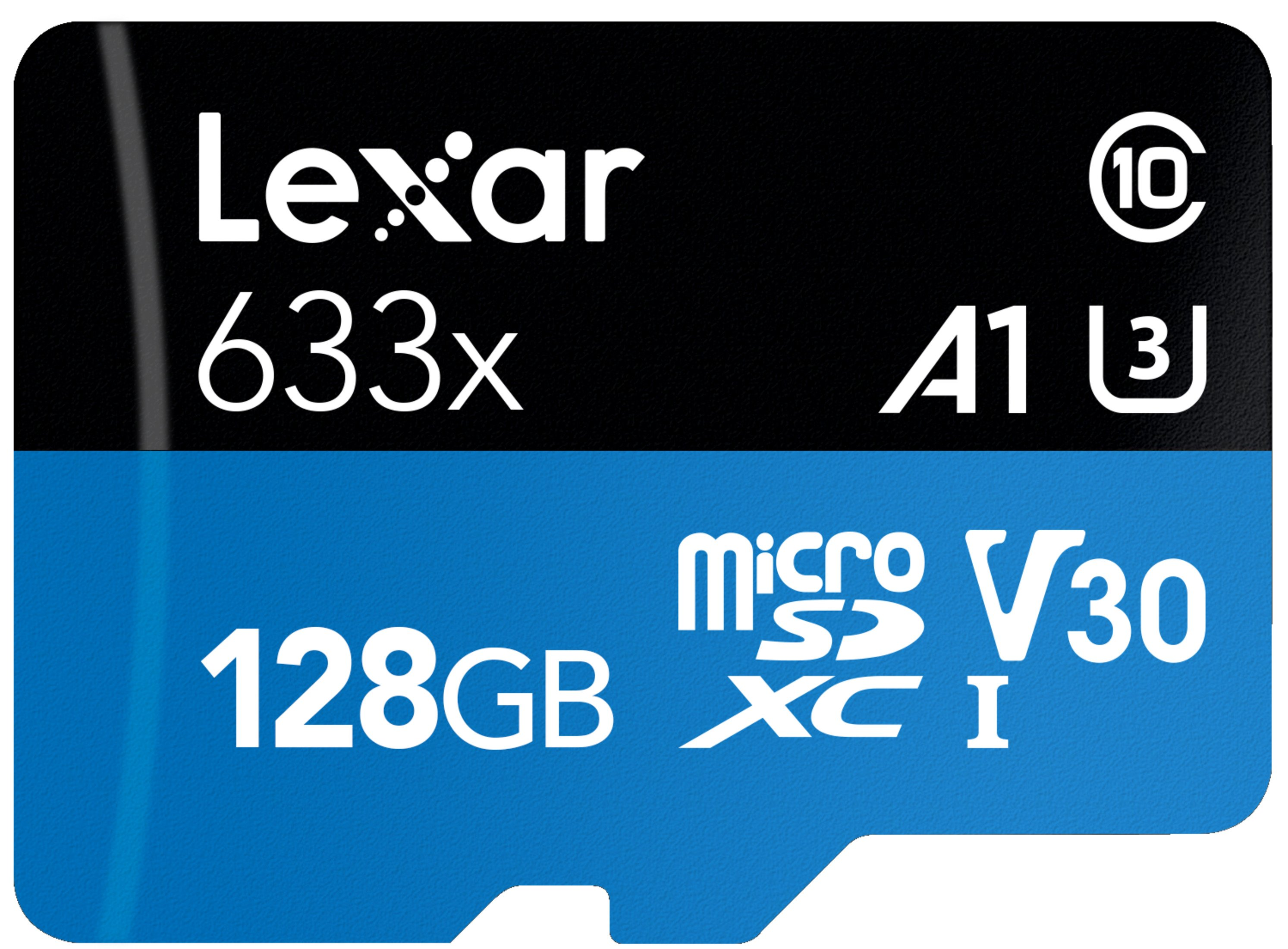 Siyah ve mavi bir Lexar 128GB MicroSD kartı.