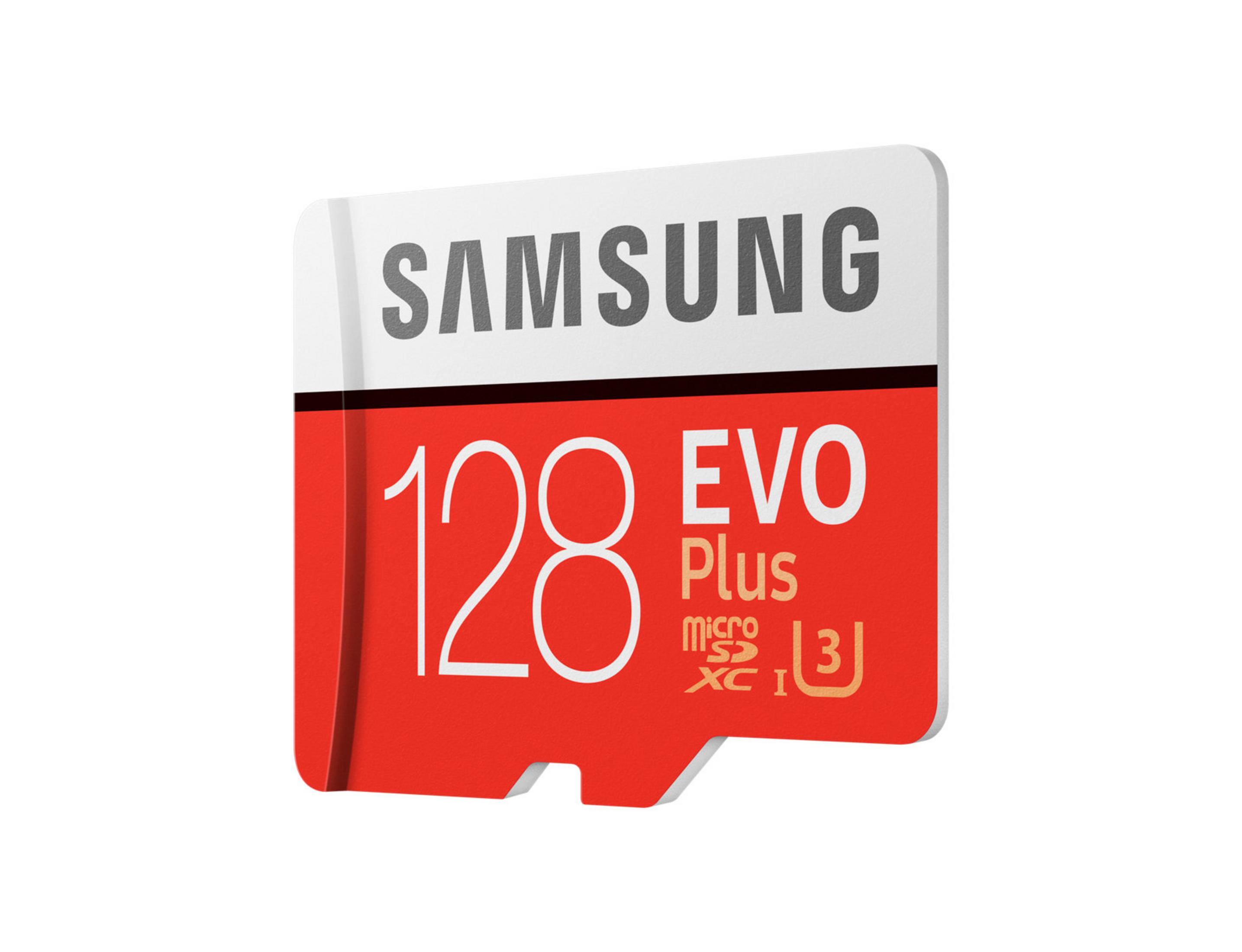 Czerwono-biała karta micro SD Samsung 128 EVO Plus, z białym tłem.
