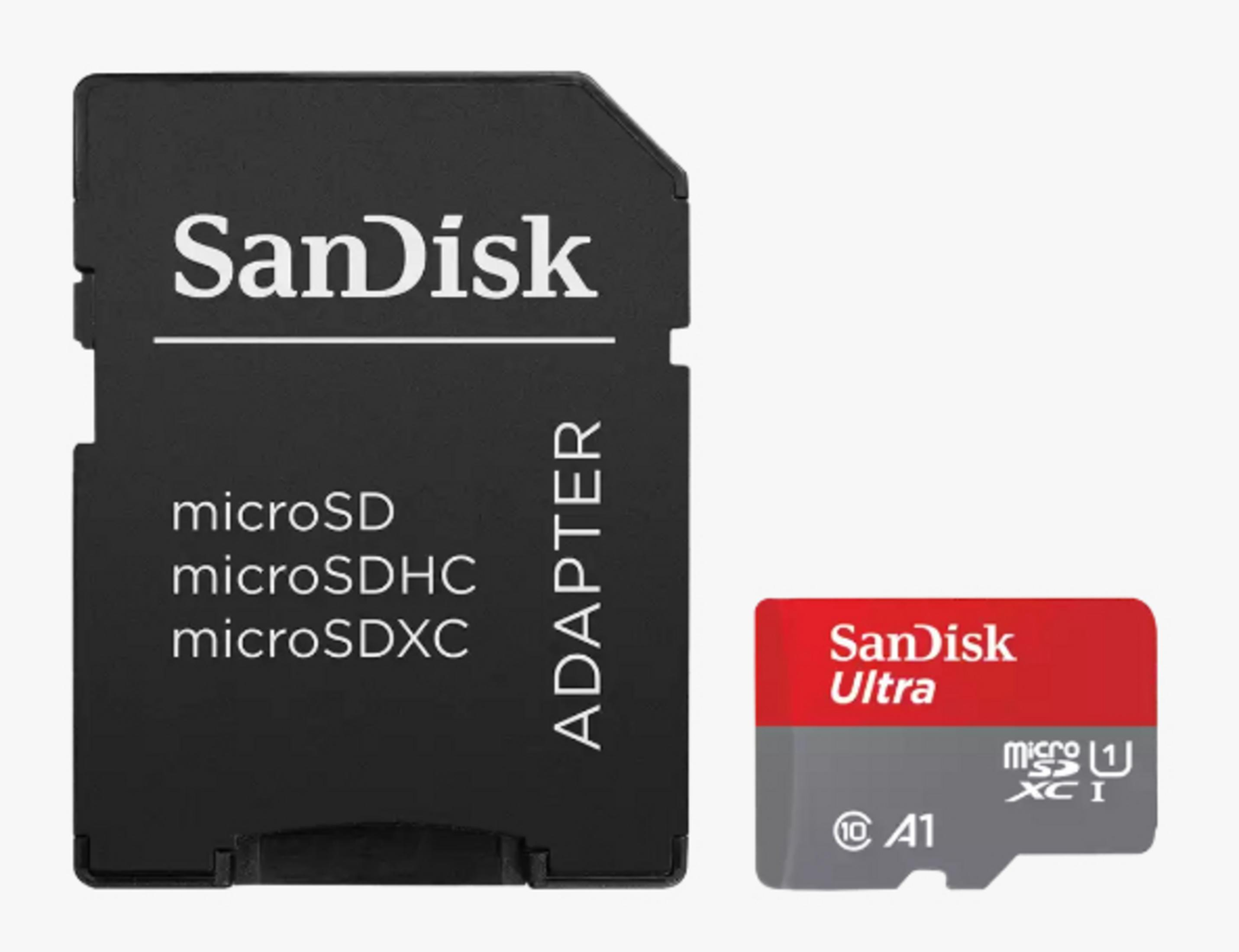 Ein schwarzer SanDisk-Adapter mit einer rot-weißen 32GB MicroSD-Karte.