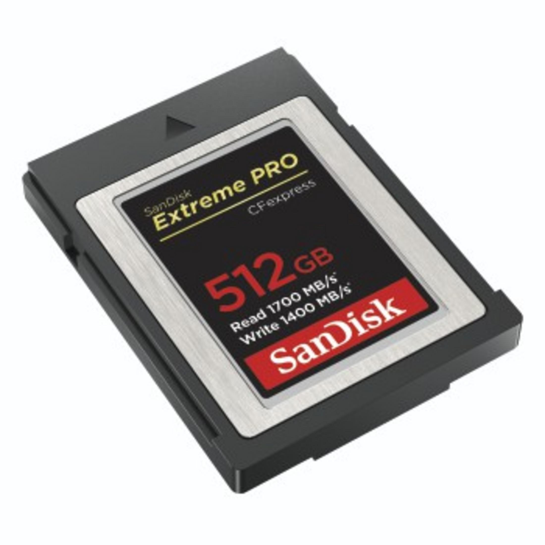 Scheda CFexpress nera e argento su bianco.