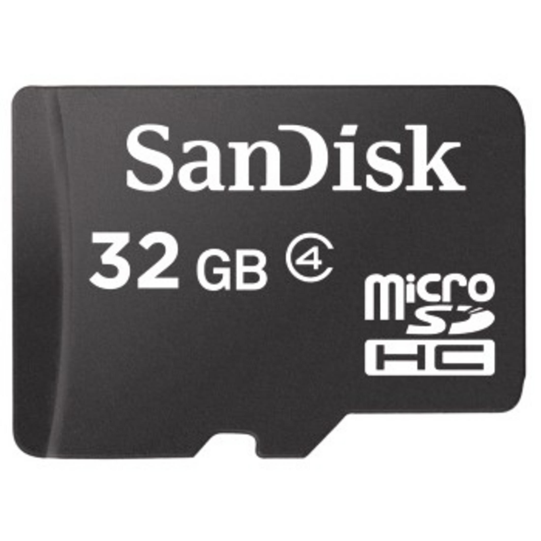 Une carte micro SD Sandisk 32 Go noire, avec un fond blanc.