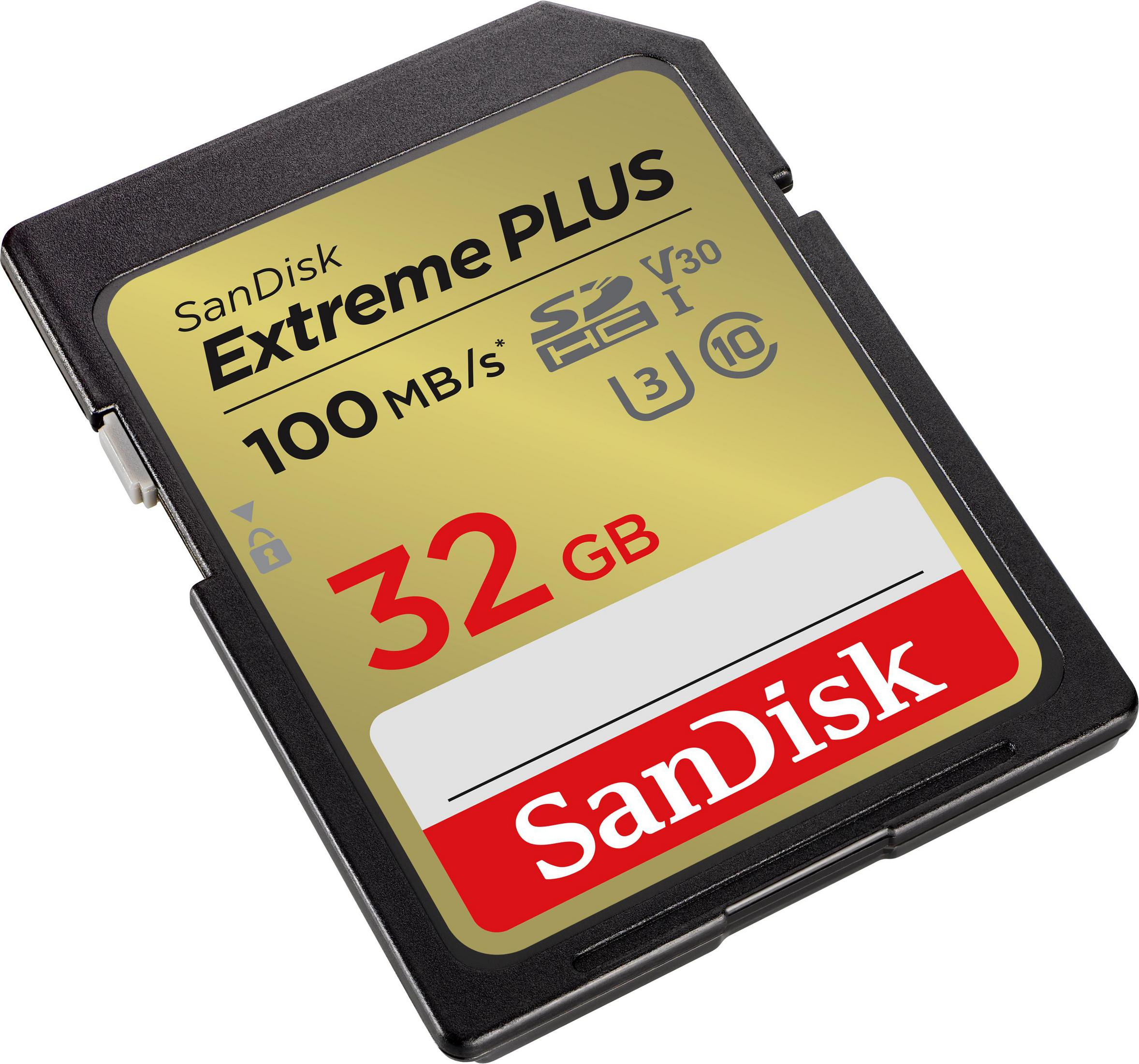 Goldene Sandisk Extreme Plus 32GB microSD-Karte mit schwarzem Rahmen, zeigt Geschwindigkeit und Kapazität.