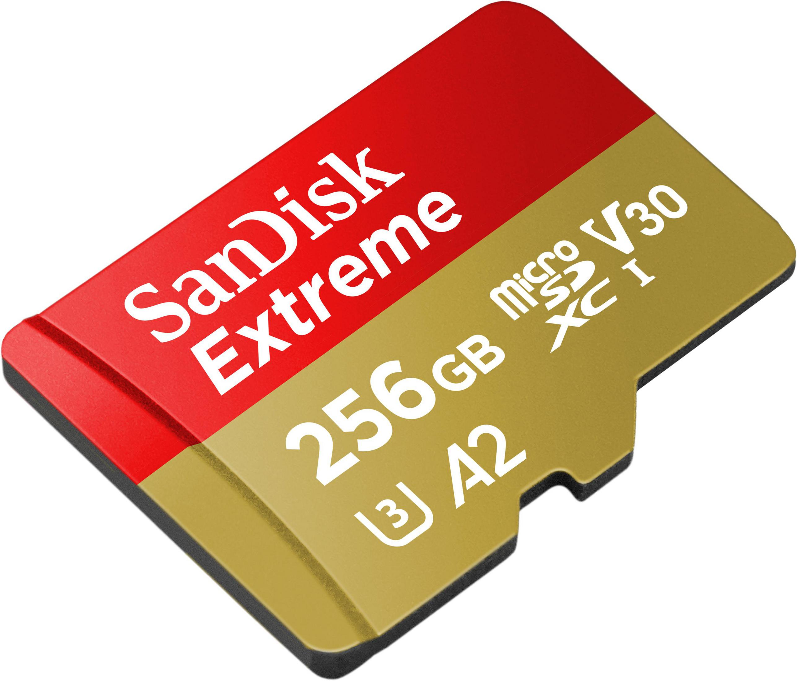 Eine rote und goldene Sandisk Extreme Micro-SD-Karte mit Text und Branding-Details sichtbar.