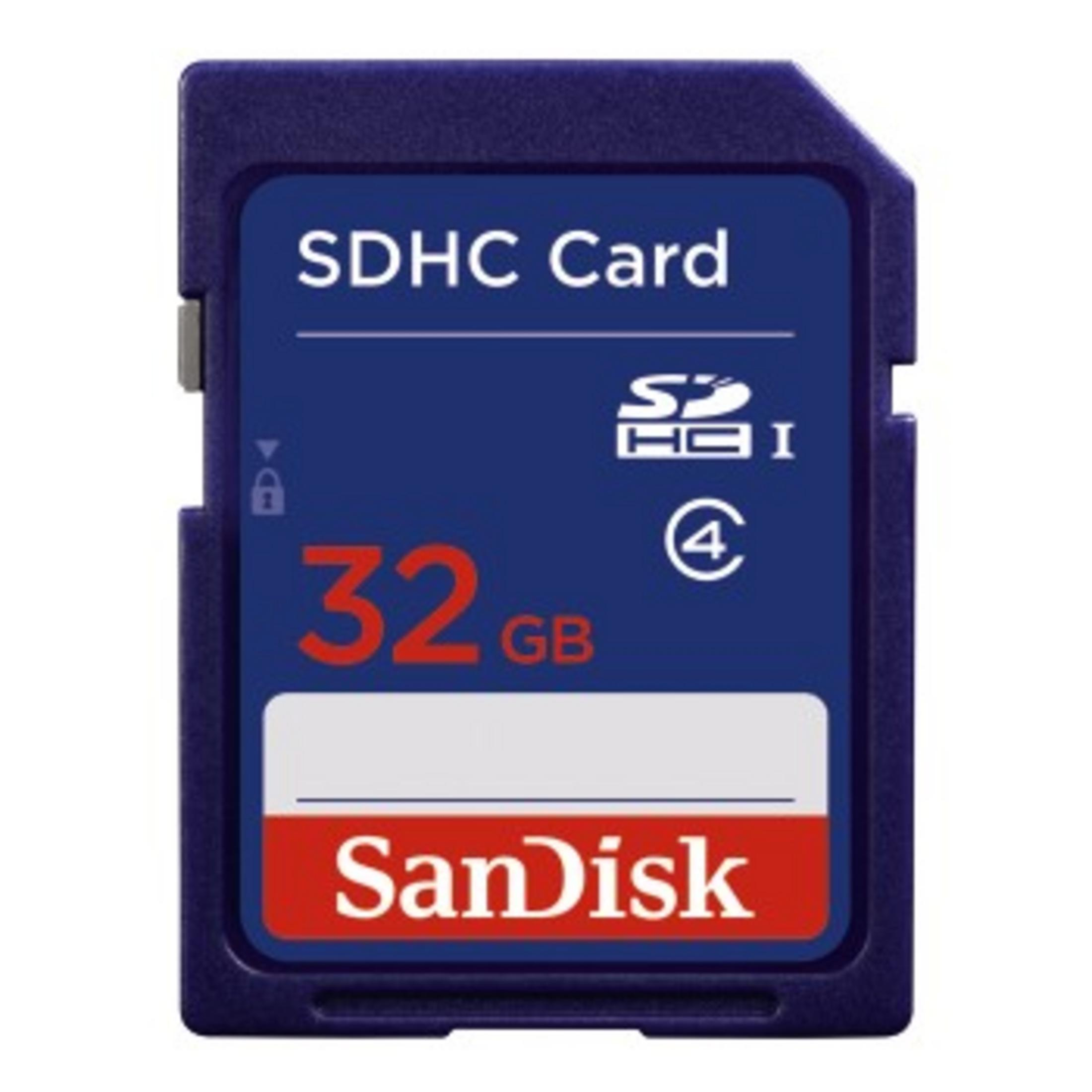 SD-Karte mit blauen und roten Etiketten mit 'SDHC Card' und '32 GB'.