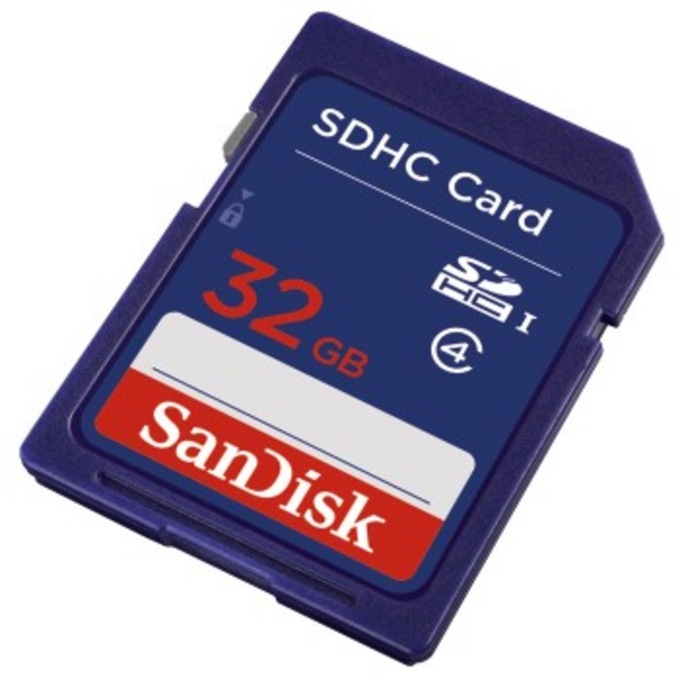Eine blaue SanDisk SDHC-Karte mit Text und einem Schloss-Symbol.