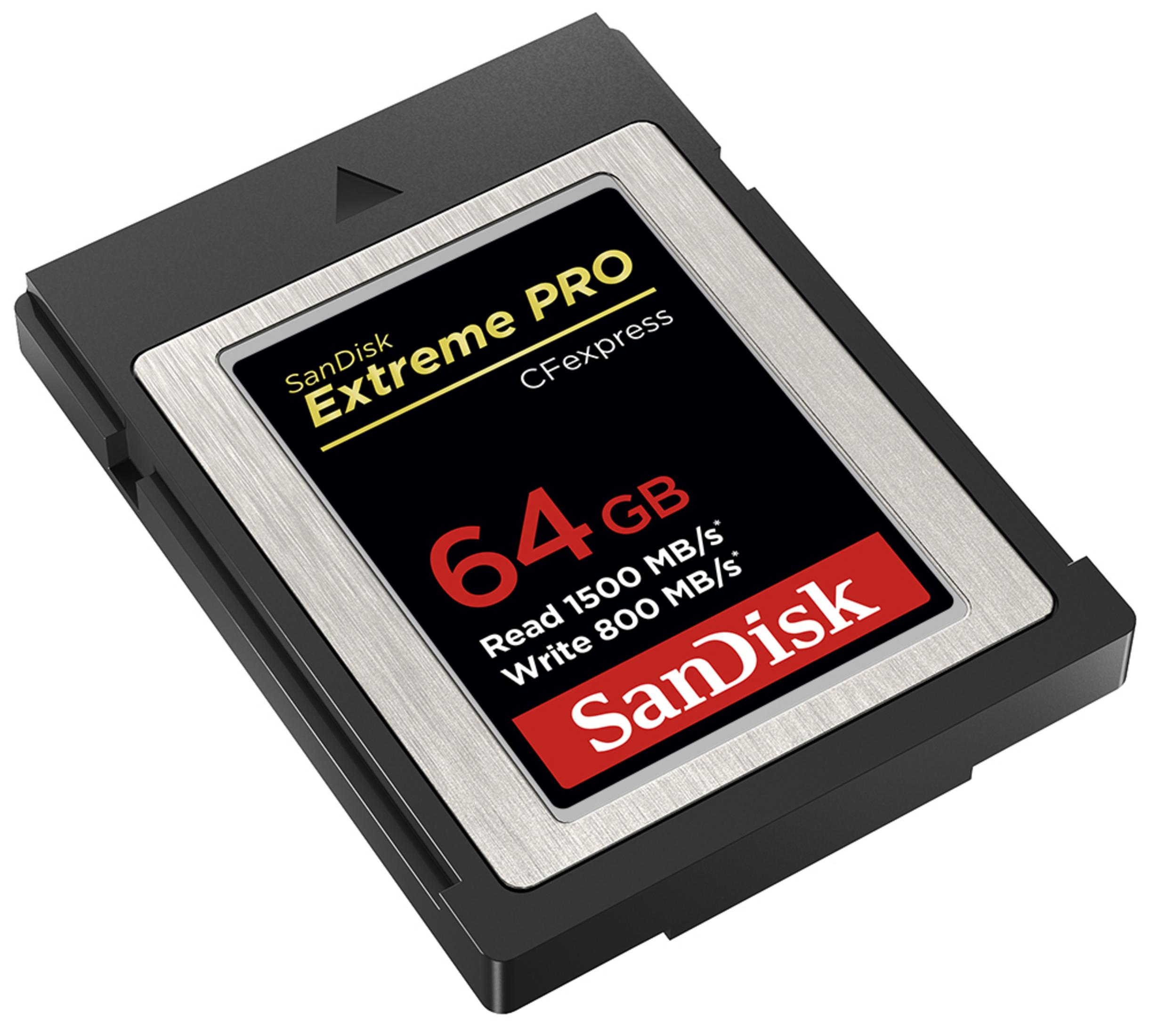 SanDisk Extreme PRO CFexpress-Karte. Schwarz und Silber mit rotem und weißem Text.