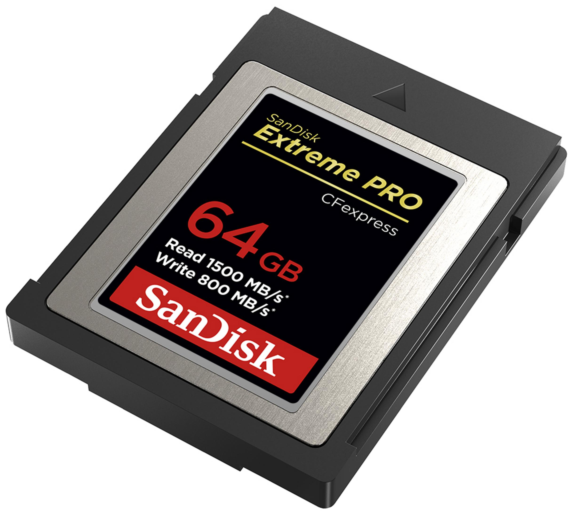SanDisk Extreme PRO CFexpress-Karte. Sie ist schwarz und silber mit rotem und weißem Text.