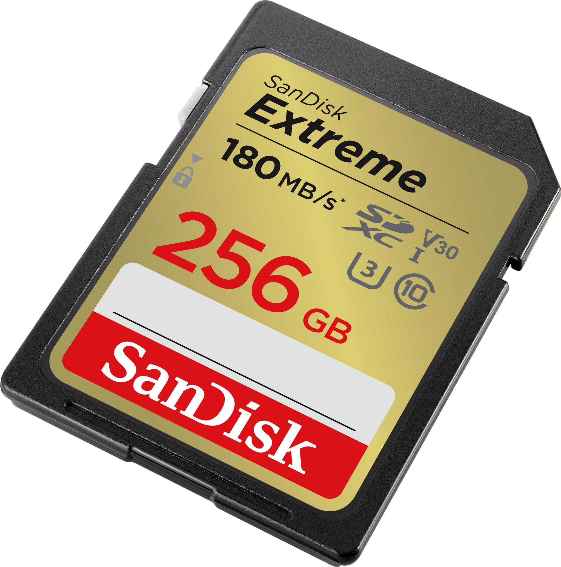 Sandisk Extreme 256GB SD-kaart, zwart en goud, met cijfers en tekst.