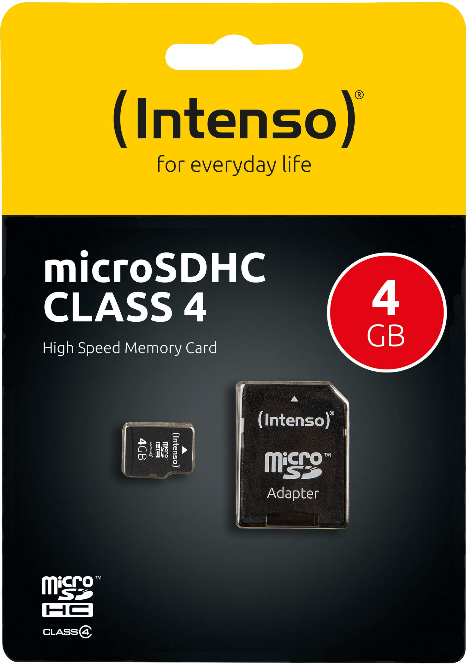 Speicherkartenverpackung mit microSD-Karte und Adapter. Gelber Hintergrund und schwarzer Text.