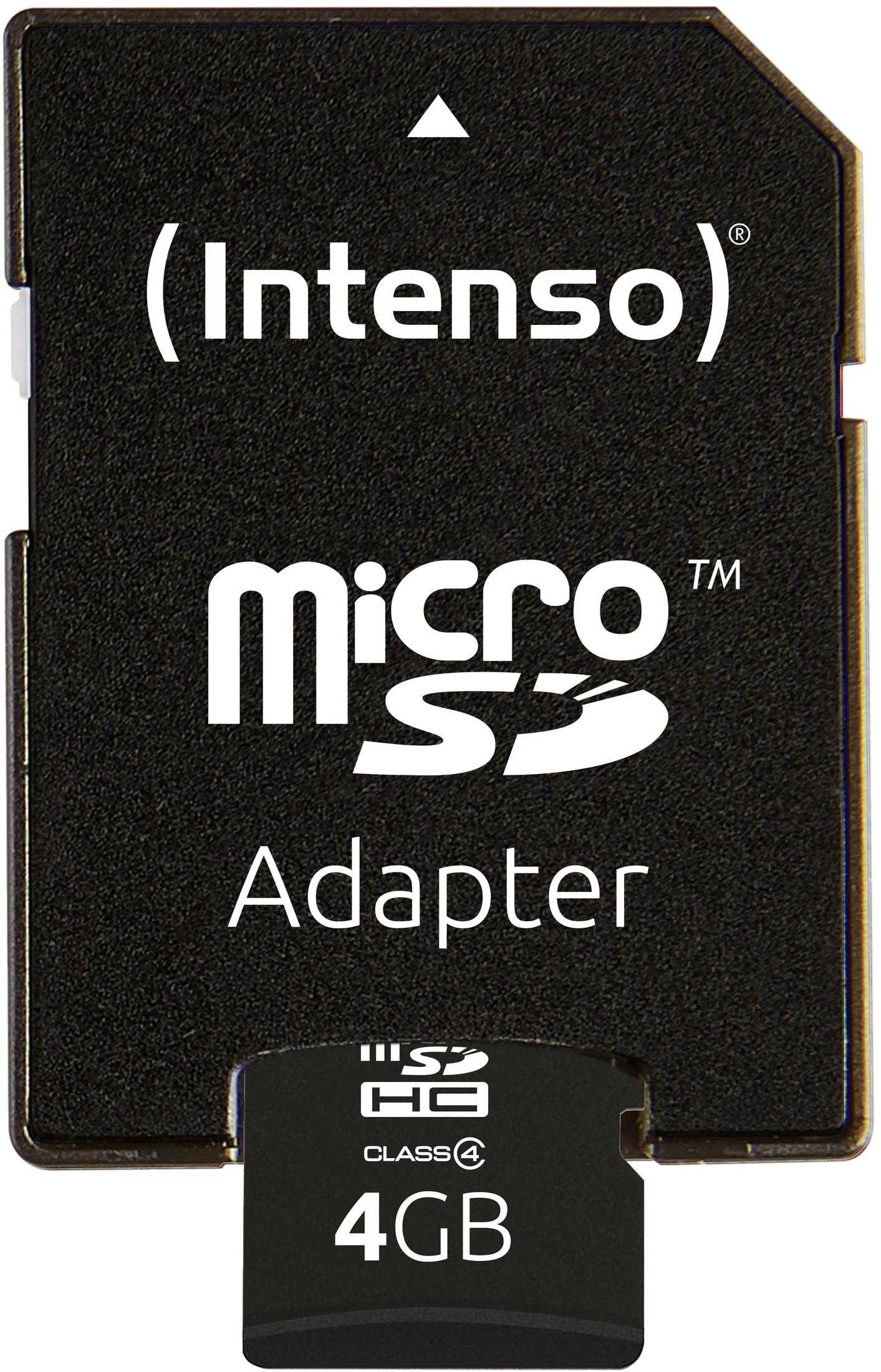 Schwarze Micro-SD-Karte mit Micro-SD-Adapter, Markenname "Intenso" sichtbar.